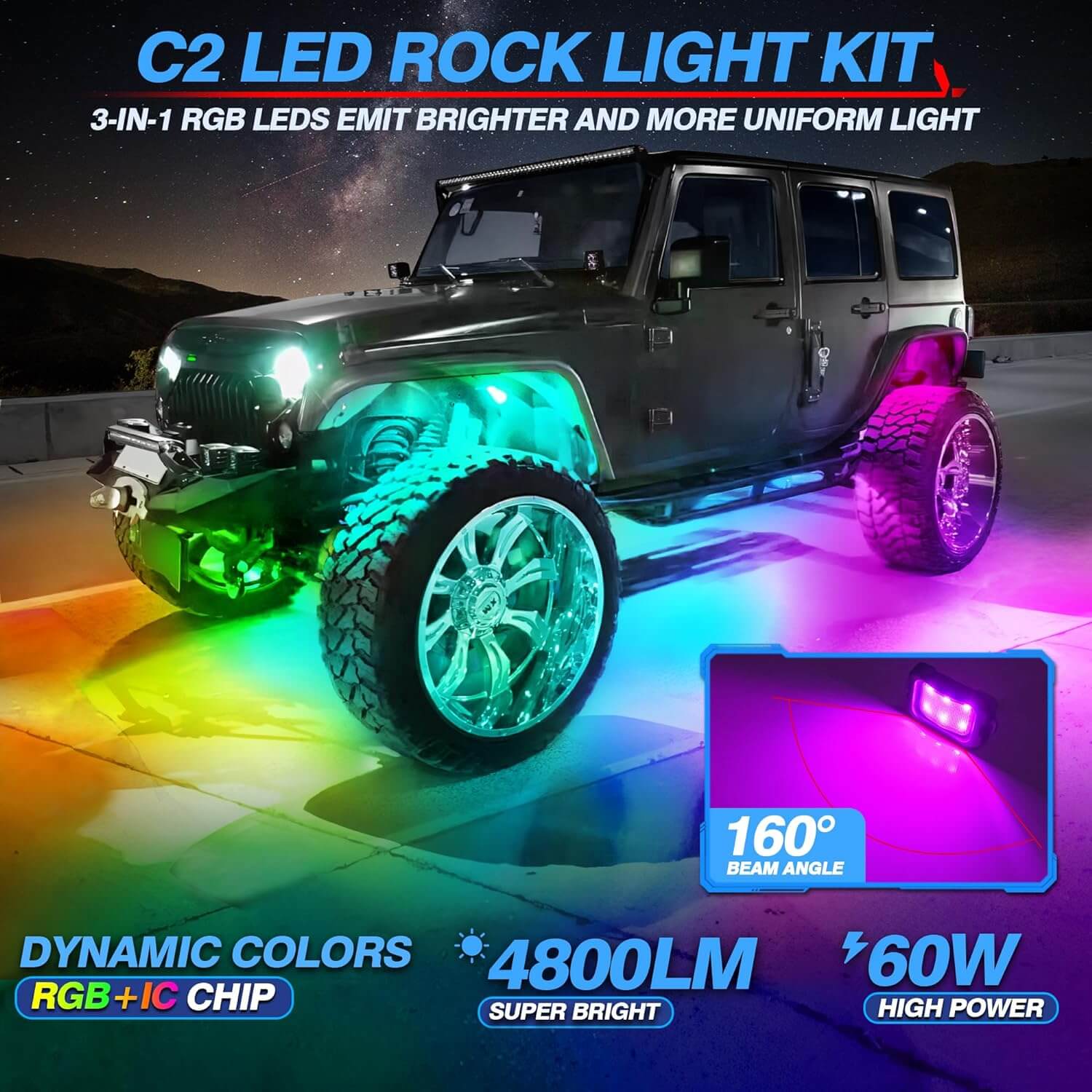 MICTUNING C2 RGB+IC Chasing Color LED Rock Lights Kit Bundle W1
