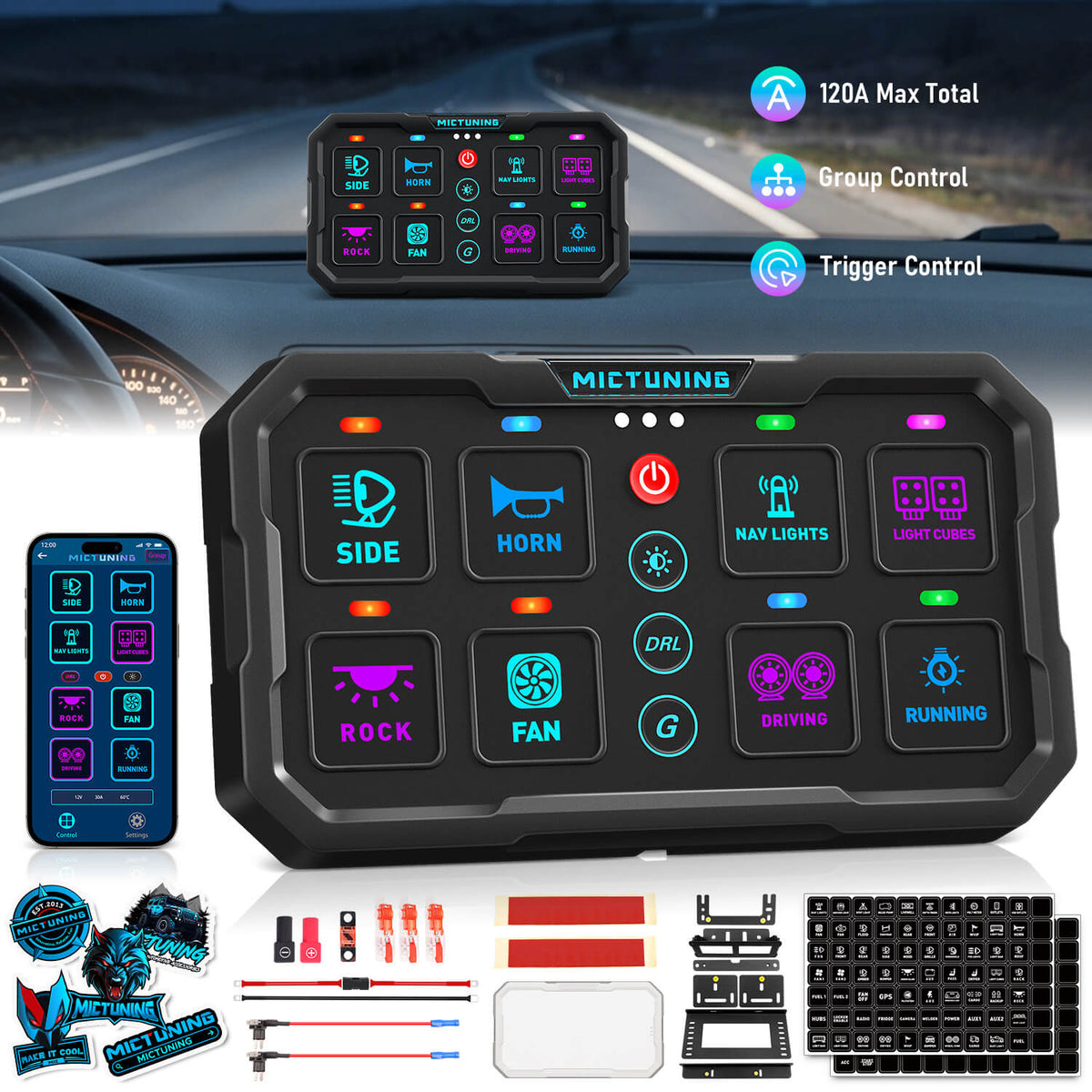 Newest MP Smart Switch Panel 8 Gang, 120A High Current, Trigger & DRL Control, App & Apple CarPlay, Group Control, Low-Voltage Auto Cutoff