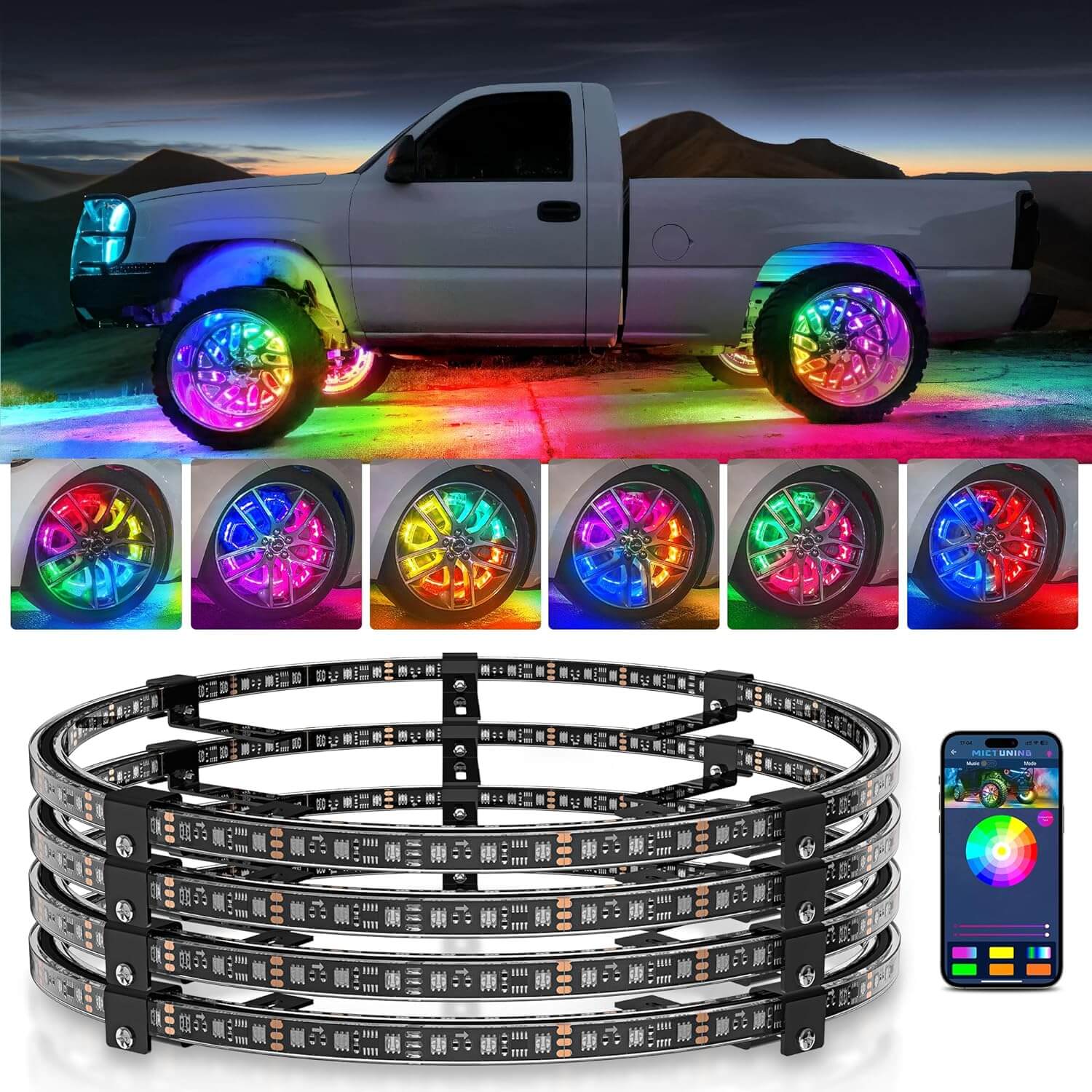 Three-Piece RGB+IC Collection, C2 RGB+IC Rock Lights 8 Pods, 4ft W1 Whip Lights Kit with 15.5″ Chasing Color Wheel Ring Lights