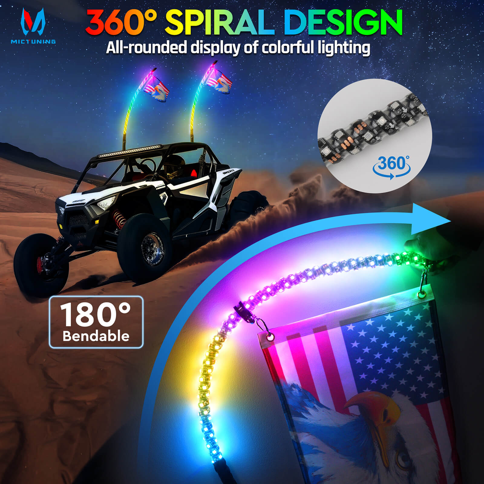 3FT/4FT LED Whip Light RGB+IC Chasing Colors, APP & Remote Control, w/ Rocker Switch & 8 Flags, Brake/Turn Signal/Reverse, 1pc/2pcs