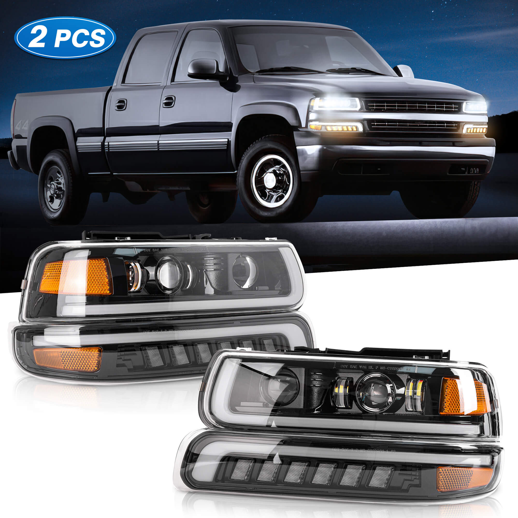 2pc Chrome Headlights Assembly Turn Signal Lamps for Chevy Chevrolet Silverado 1500/2500 (99-02 ) 1500HD/2500 HD/3500 (01-02), Suburban 1500/2500/Tahoe (00-06)