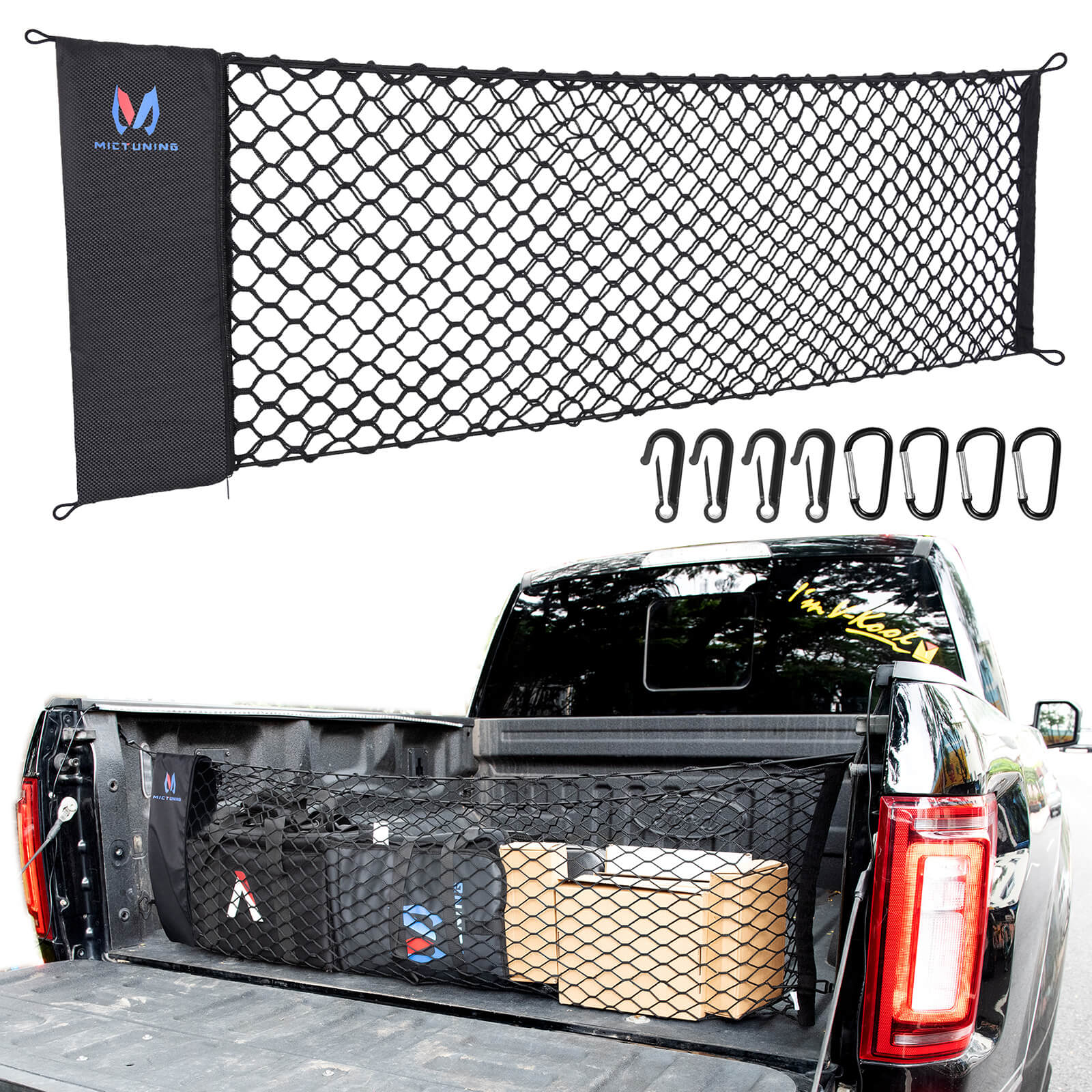 Truck Bed Net Pickup Cargo Net Rear Car Trunk, with Storage Bag & 8 Carabiners Hooks, For Chevy Silverdo Ford F150 GMC(16.9" X 49" to 62")