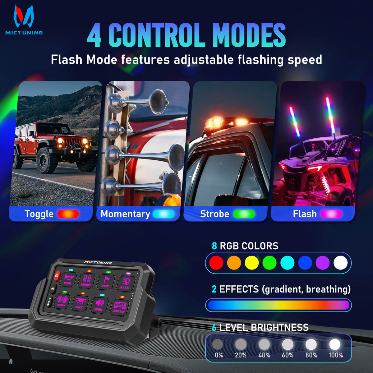 P1s-AC-APP Wireless Switch Panel with App Control, 8/12 Gang Bundle with C2 Curved RGBW LED Rock Lights - 4-16 Pods