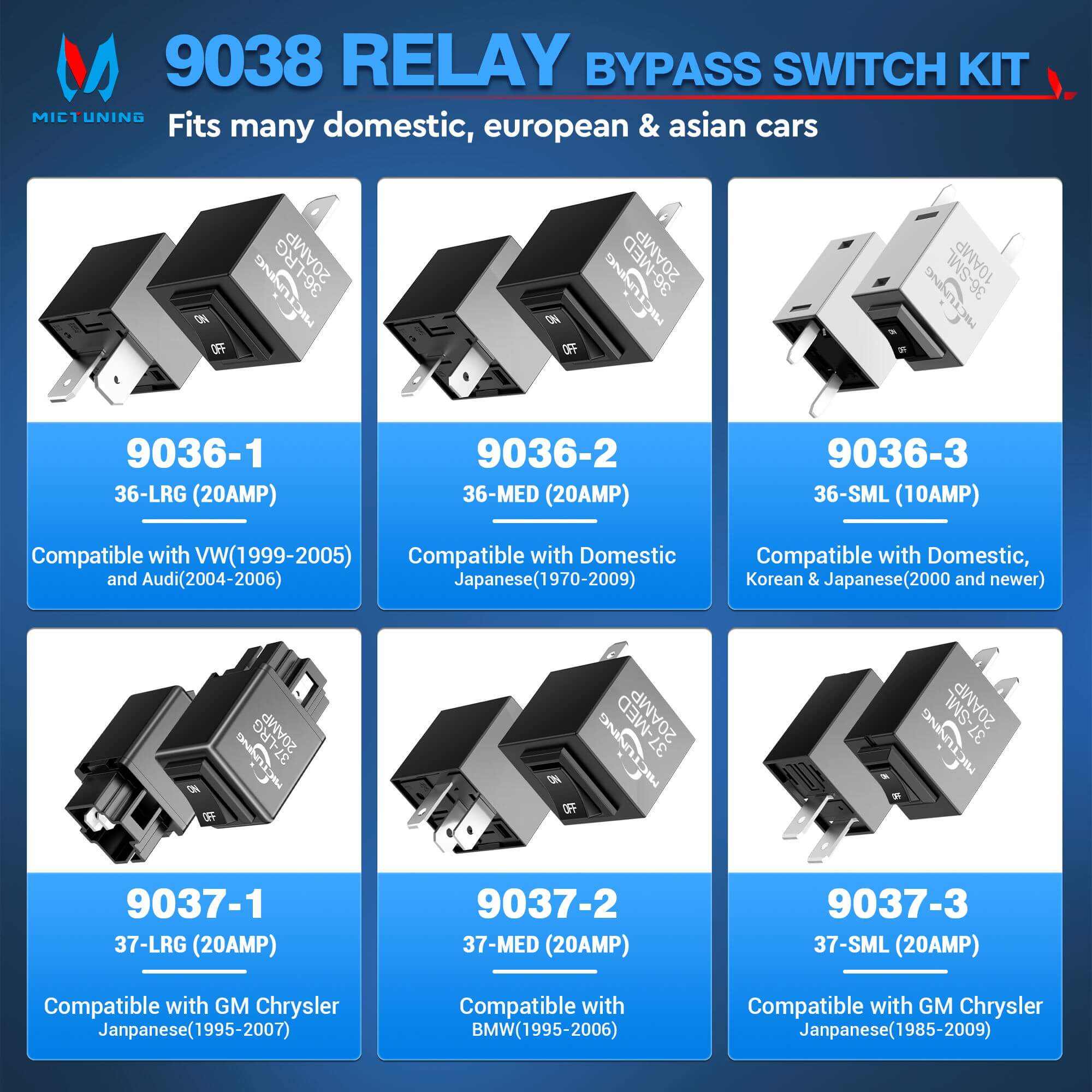 9038 Relay Bypass Switch Kit Replacement for 9036 9037, Diagnostic Tester Scan Tool for Fuel Pump, Lights & Motors, Compatible with GM BMW Audi Chrysler VW, 6-Pack