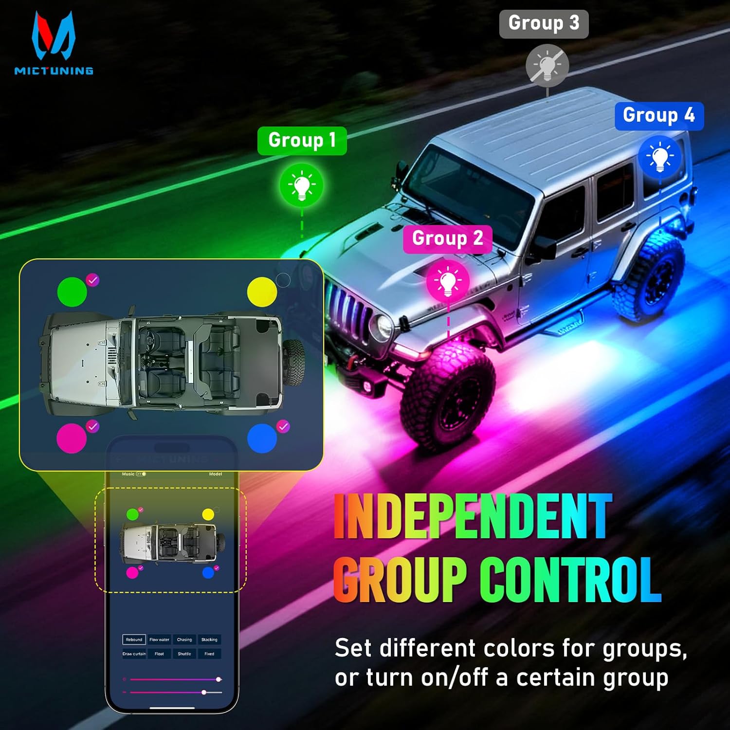 P1s-AC Wireless Cordless RGB Switch Panel Up to 265FT 8/12 Gang Bundle with Q2 MAX RGB+IC Rock Lights Individual Group Control, 8-16 Pods