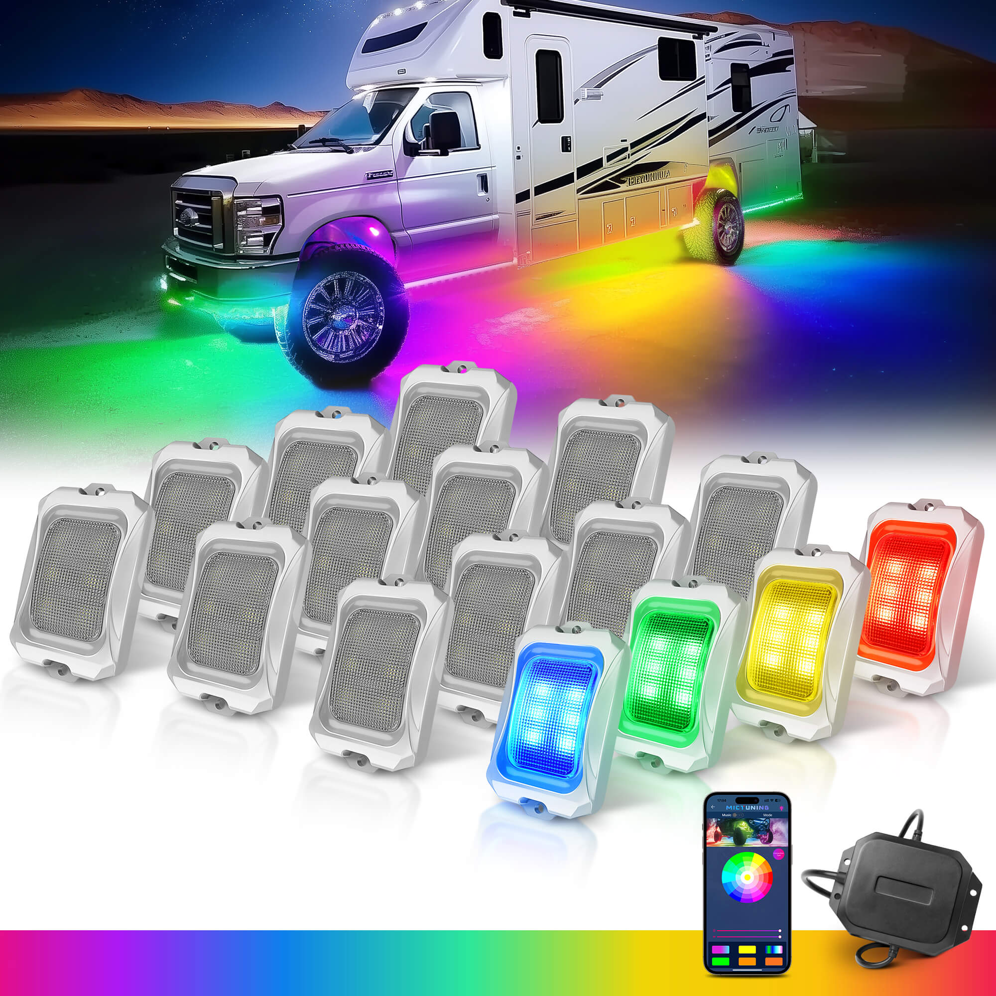 C2 Max RGB+IC Chasing Color Rock Lights Kit, 8/16 Pods, IP68 Waterproof, White