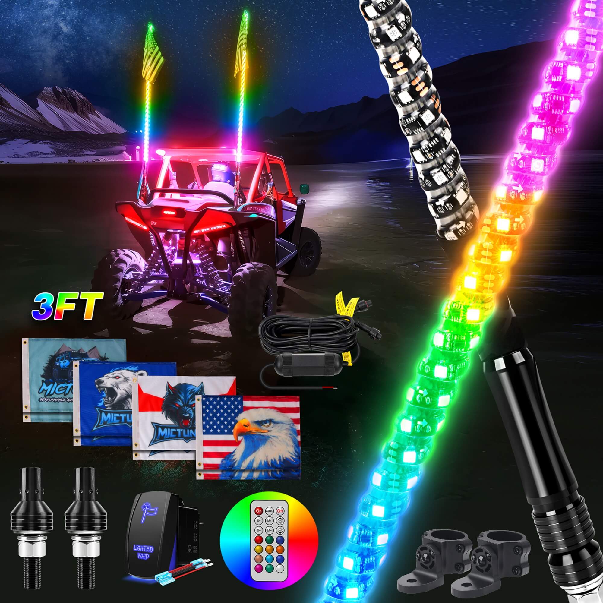 3FT/4FT RGB+IC Chasing Colors LED Whip Light, w/ Remote Control, Rocker Switch & 8 Flags, 1pc/2pcs