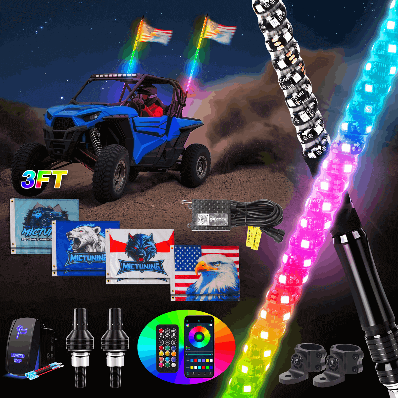 3FT/4FT LED Whip Light RGB+IC Chasing Colors, APP & Remote Control, w/ Rocker Switch & 8 Flags, Brake/Turn Signal/Reverse, 1pc/2pcs