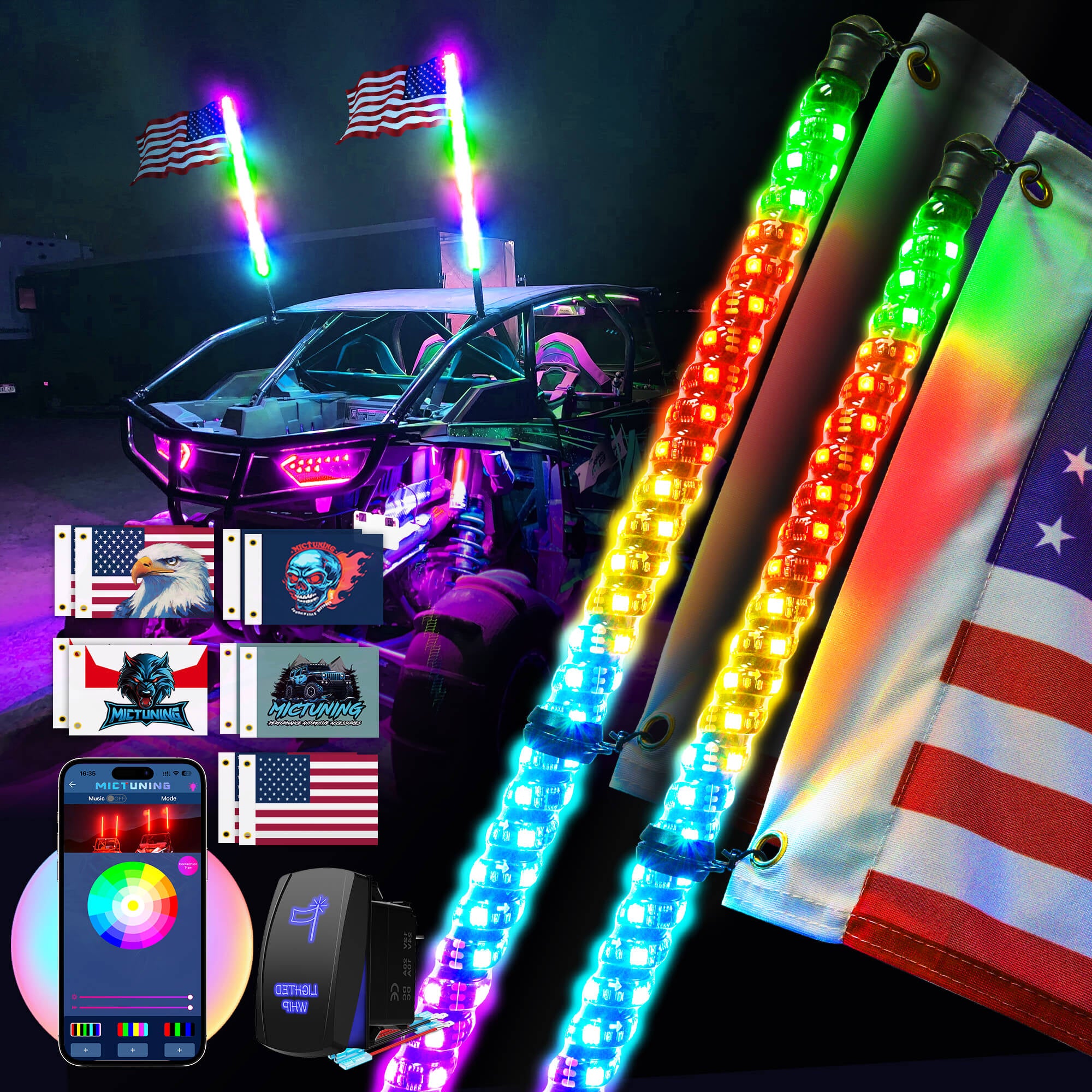 3FT/4FT W1 LED Whip Lights with Flag 2pcs/10pcs - Spiral Bendable RGB Chasing Color Antenna Whips - Bluetooth App Control