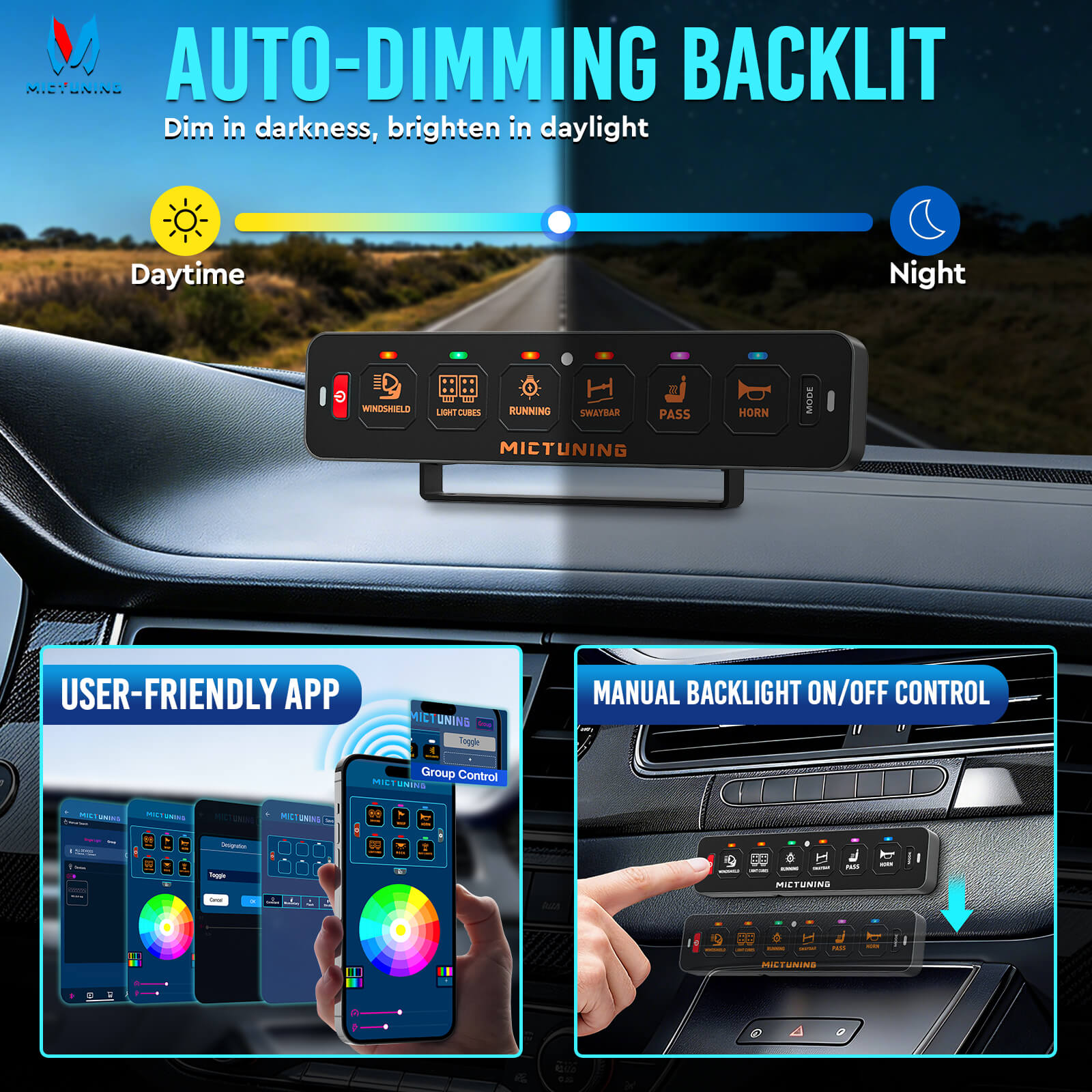 MS-A Slim App Control Switch Panel 4 Gang/6 Gang, RGB Auto-dimming Backlit, Multifunction Toggle Momentary Flash Strobe Circuit Control Relay System Box
