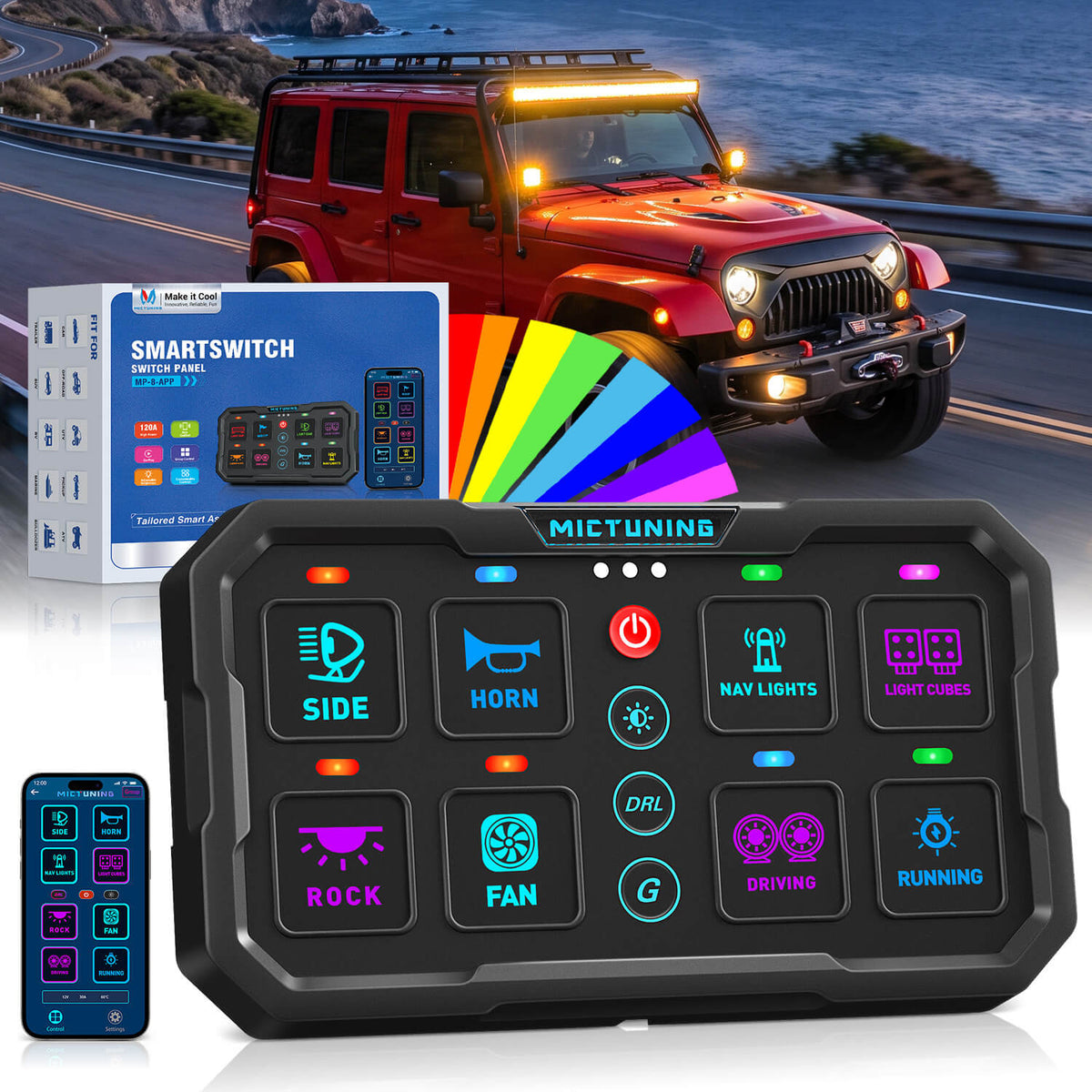 Newest MP Smart Switch Panel 8 Gang, 120A High Current, Trigger & DRL Control, App & Apple CarPlay, Group Control, Low-Voltage Auto Cutoff