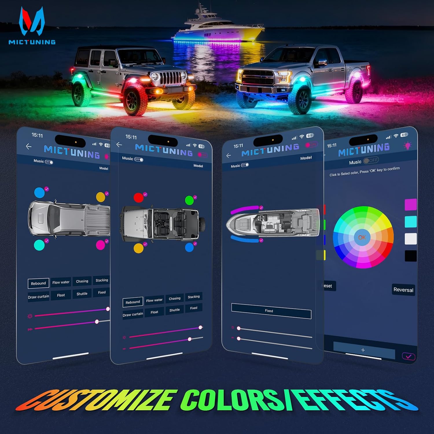 Newest Q2 MAX RGB+IC Rock Lights, 8-16 Pods Multi-Color DIY Effect Underglow Neon Kit, Individual Group Control, APP Control
