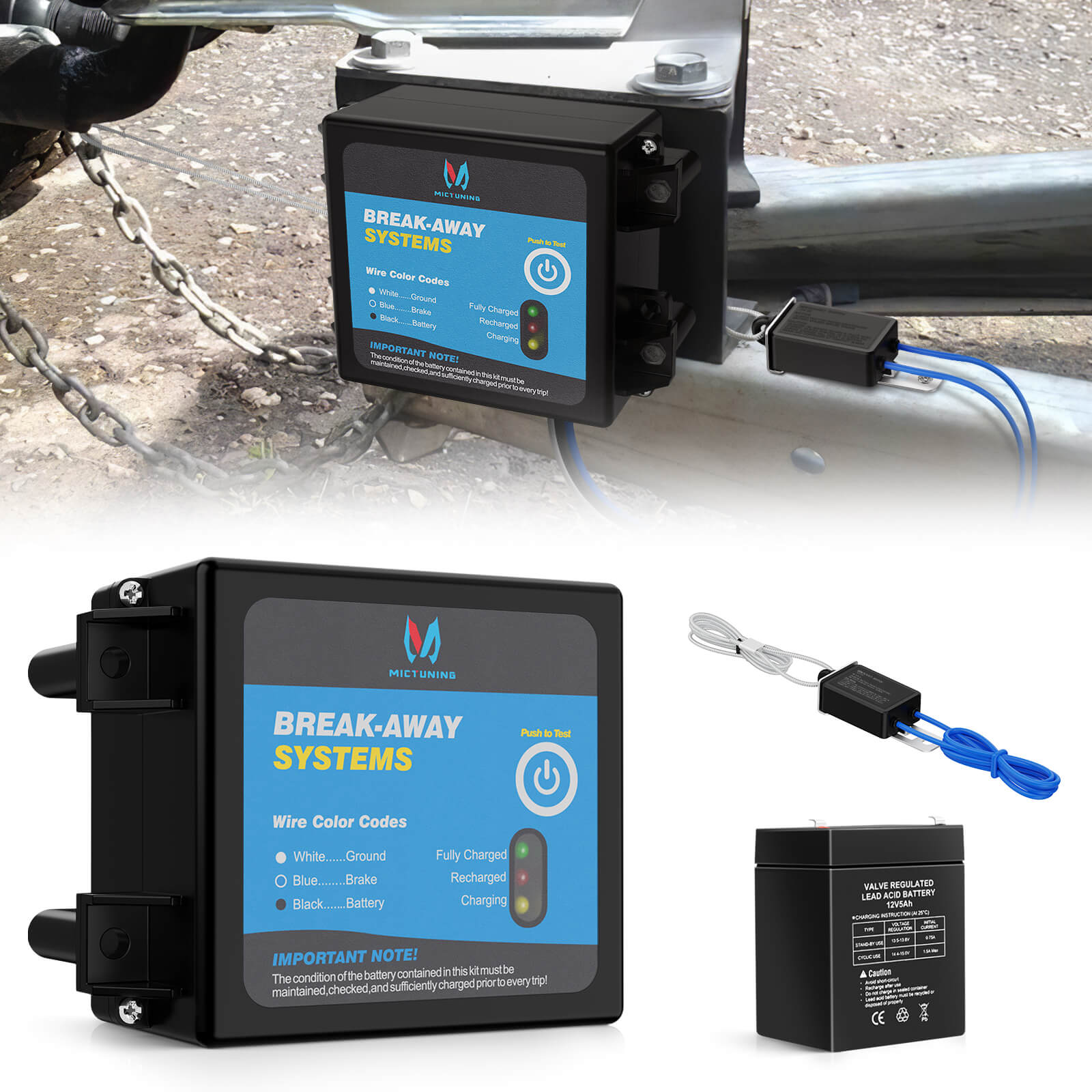 Trailer Brakes Breakaway Kit with Charger, LED Indicator, Switch, 12V 5AH Built-in Battery for Towing Trailer Caravan
