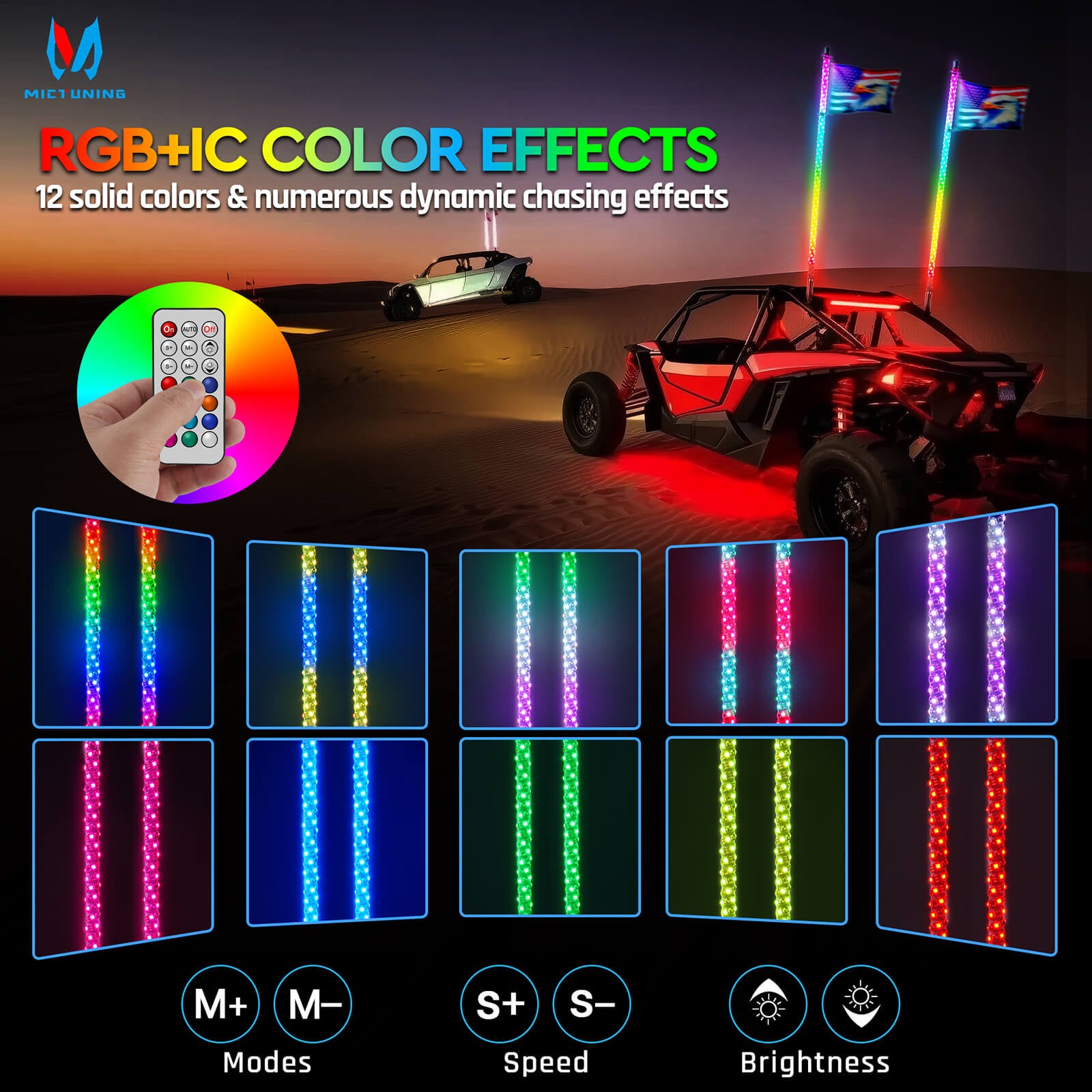 3FT/4FT RGB+IC Chasing Colors LED Whip Light, w/ Remote Control, Rocker Switch & 8 Flags, 1pc/2pcs