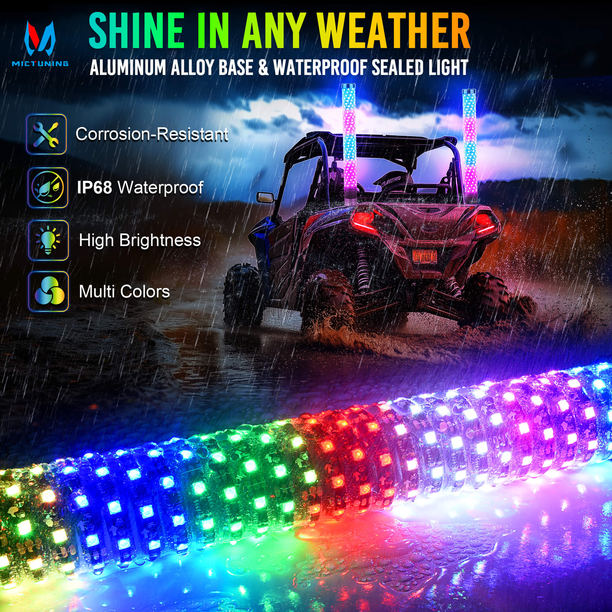 1FT/2FT Fat LED Whip Light RGB+IC Chasing Colors, 5050 LED chips, App & Remote Control, 2pcs