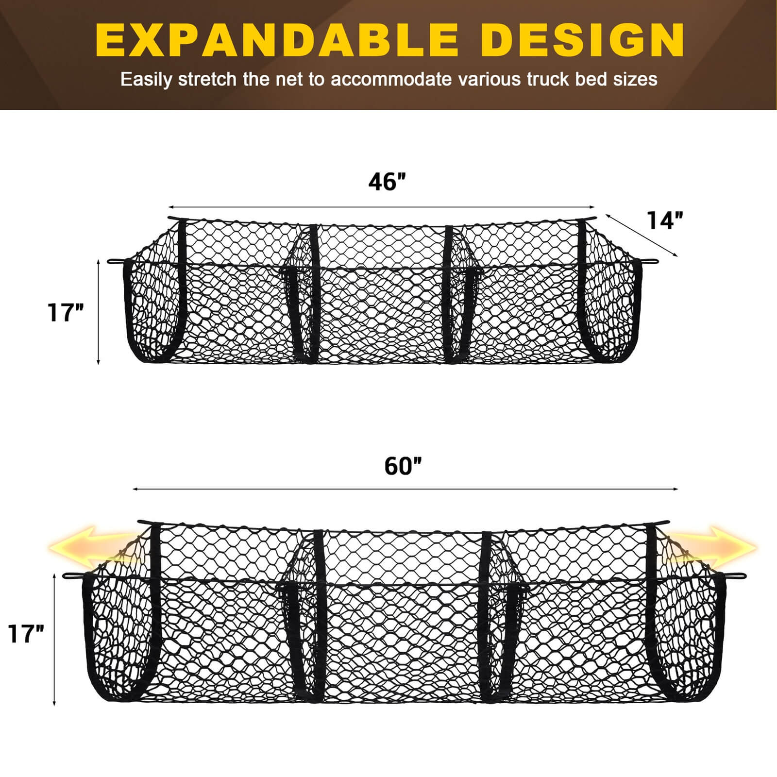 3 Pocket Mesh Cargo Net, Elastic Stretchable Cargo Organizer Storage Net for Car, SUV, Pickup Truck Bed with Metal Carabiners Storage Bag