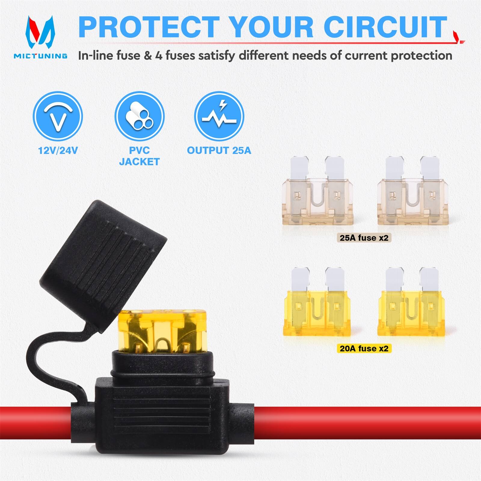 Car Female Cigarette Lighter Plug Threaded Socket with 0.33" Ring Eyelet Terminals 12ft Cable 12AWG 12V 24V, Battery Cord with Inline Blade Fuse 25A 20A
