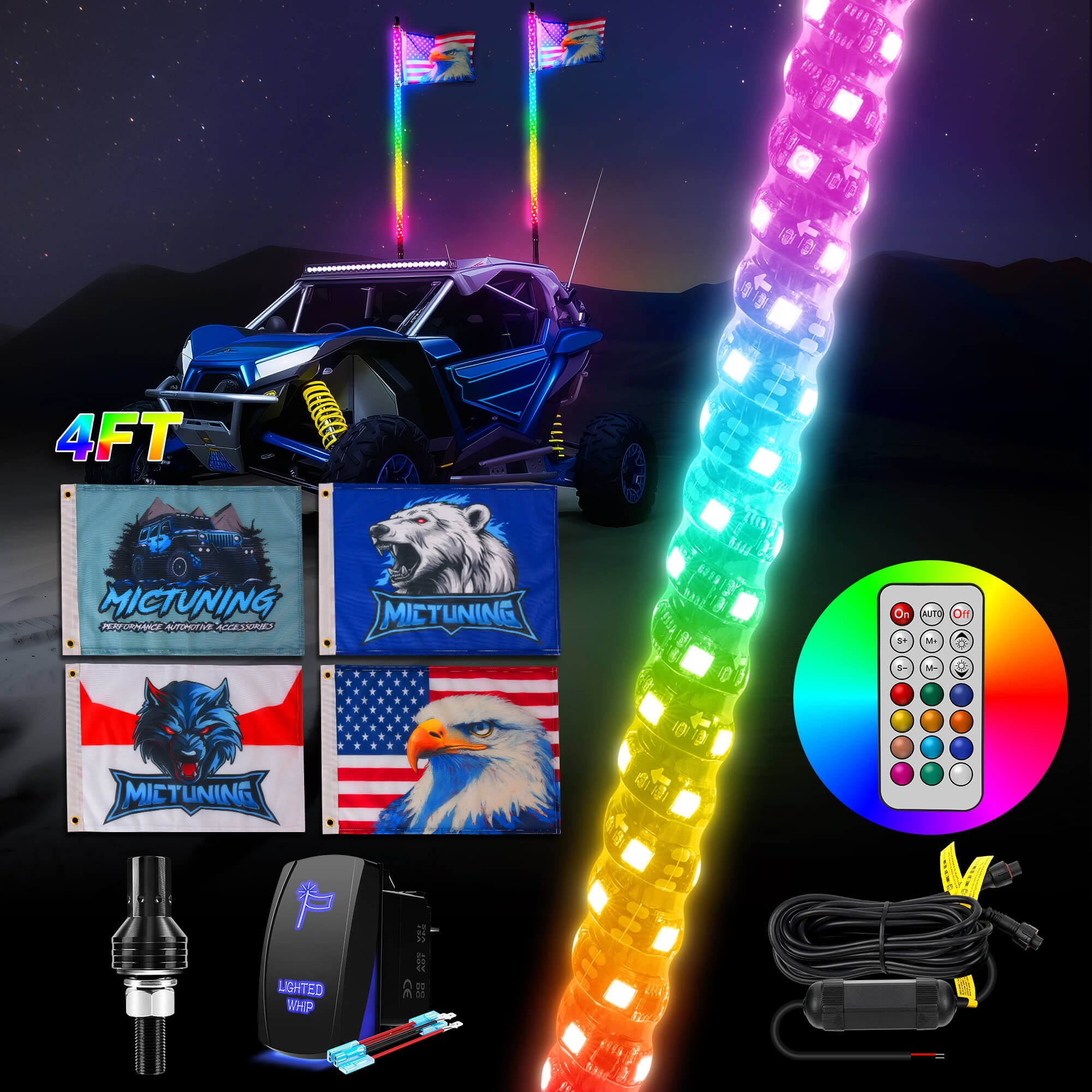 3FT/4FT RGB+IC Chasing Colors LED Whip Light, w/ Remote Control, Rocker Switch & 8 Flags, 1pc/2pcs