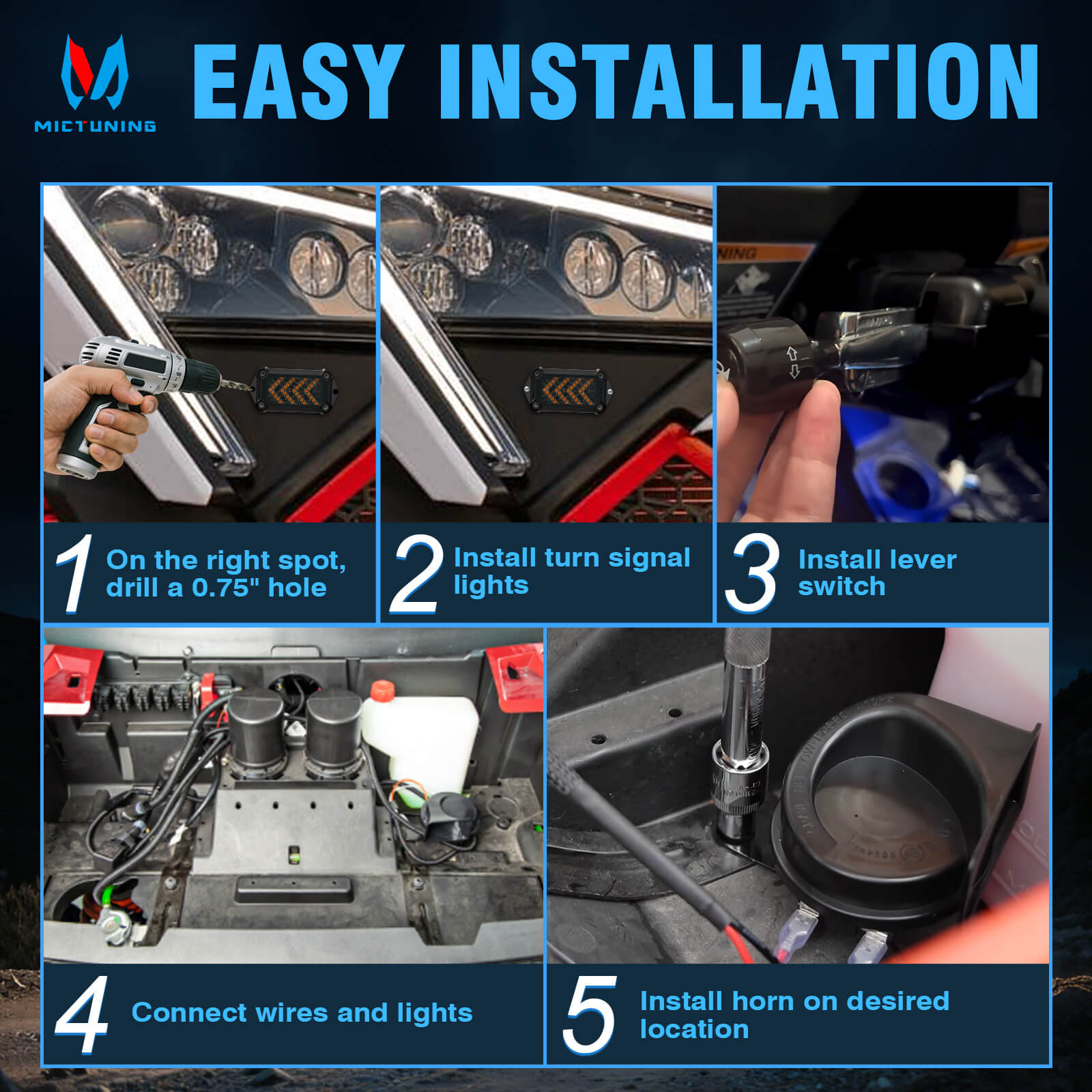 UTV Turn Signal Kit with 110D Horn & Lever Switch, UTV ATV Arrow-Flow Blinker with Rocker Switch, Universal Street Legal Turn Signals Compatible with Polaris, Can-Am, Teryx, CFMOTO