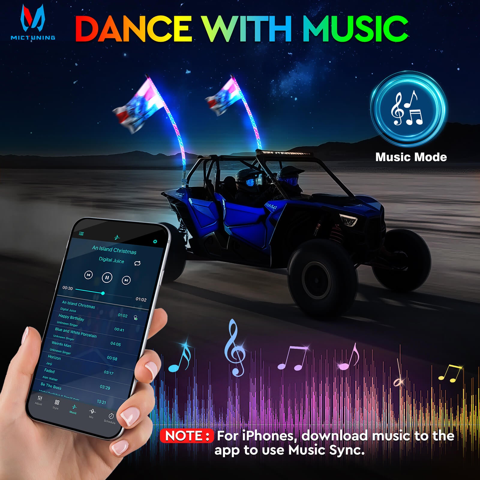 3FT/4FT LED Whip Light RGB+IC Chasing Colors, APP & Remote Control, w/ Rocker Switch & 8 Flags, Brake/Turn Signal/Reverse, 1pc/2pcs