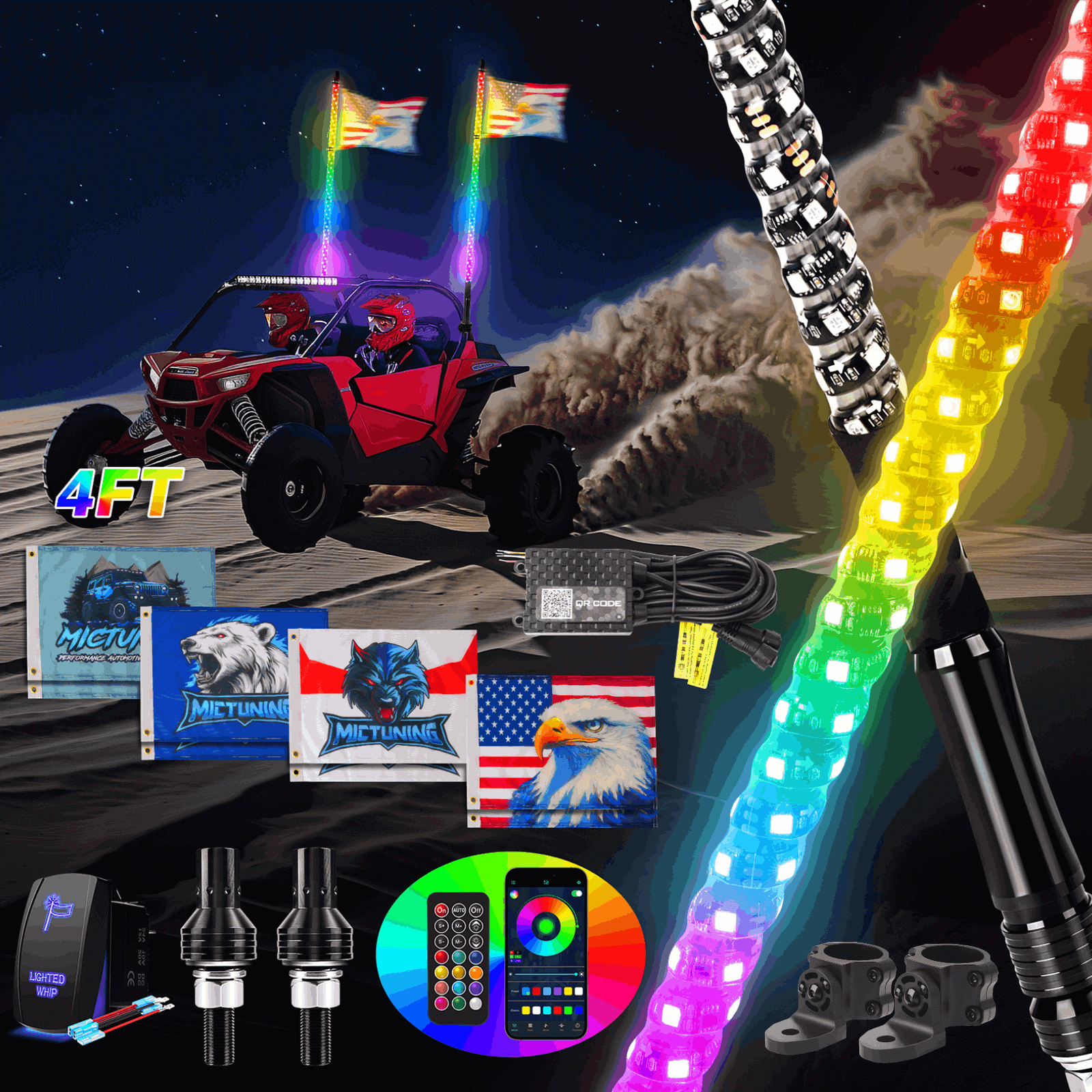 3FT/4FT LED Whip Light RGB+IC Chasing Colors, APP & Remote Control, w/ Rocker Switch & 8 Flags, Brake/Turn Signal/Reverse, 1pc/2pcs