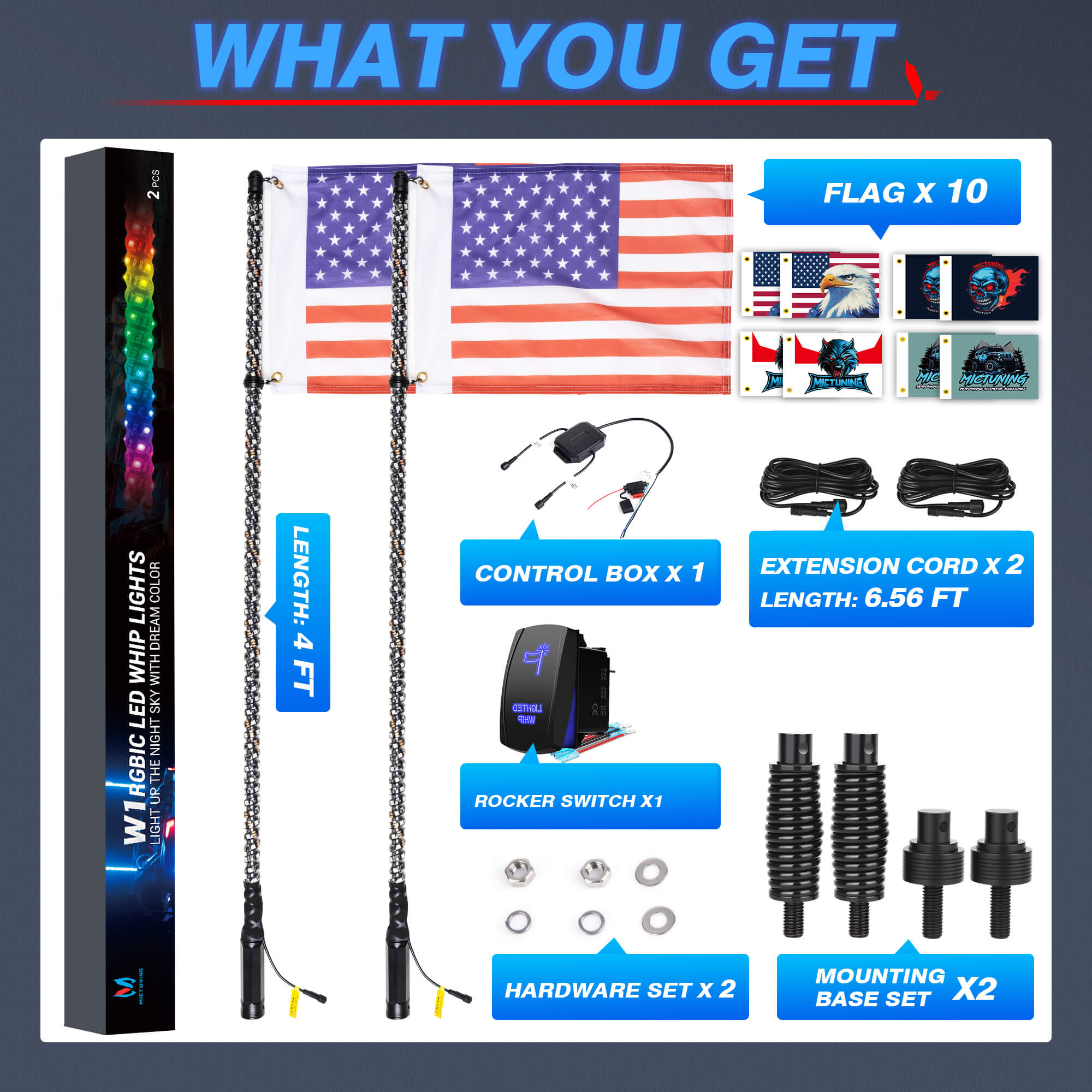 3FT/4FT W1 LED Whip Lights with Flag 10pcs Bundle with P1s-W Wireless RGB Switch Panel 8/12 Gang, Up to 328FT Range