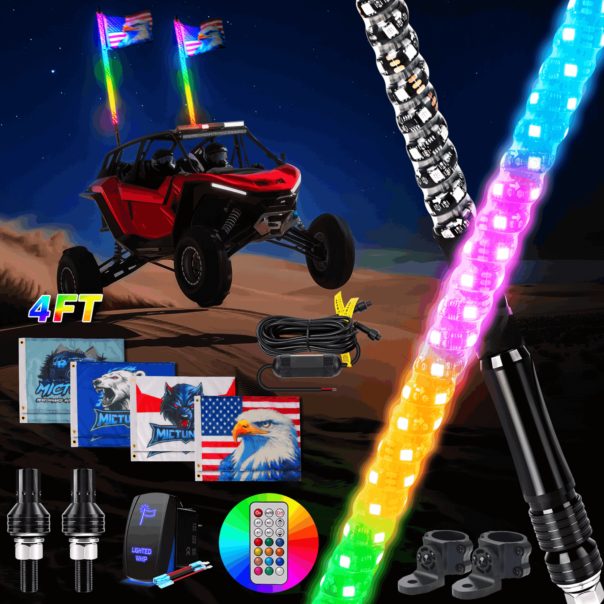 3FT/4FT RGB+IC Chasing Colors LED Whip Light, w/ Remote Control, Rocker Switch & 8 Flags, 1pc/2pcs