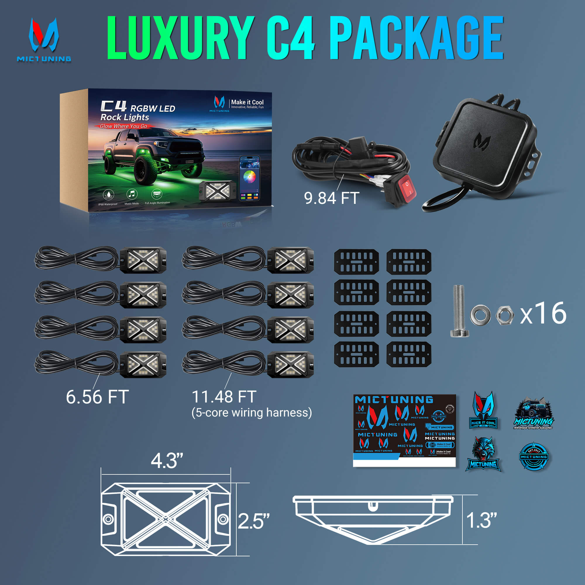 C4 4-Sided RGBW LED Rock Lights 8-16 Pods Bundle with V1 RGBW LED Wheel Ring Lights Kit 15.5″/17.5″