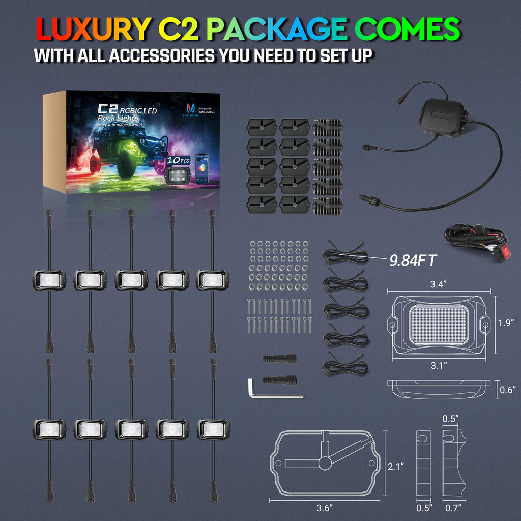 MICTUNING C2 RGB+IC LED Rock Lights Kit – 8 Pods, Extensible To 24 Pods, Underbody, 10-30V, 2-Year Warranty
