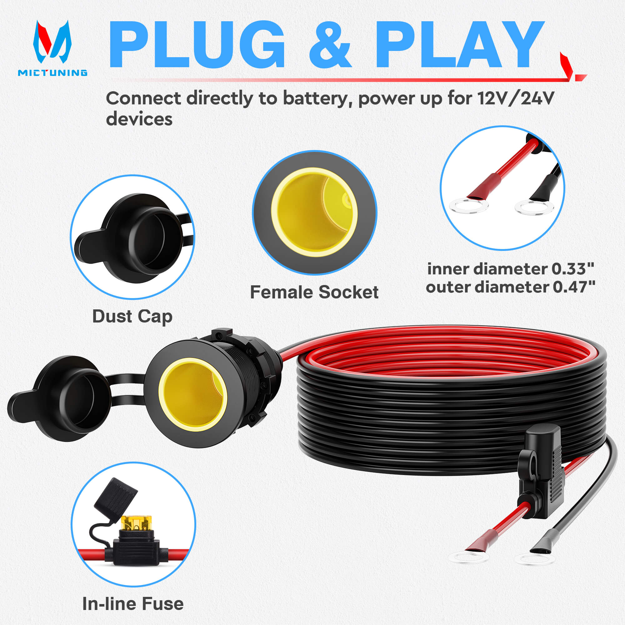 MICTUNING Car Female Cigarette Lighter Plug Threaded Socket with 0.33 Ring  Eyelet Terminals 12ft Cable 12AWG 12V 24V, Battery Cord with Inline Blade  Fuse 25A 20A