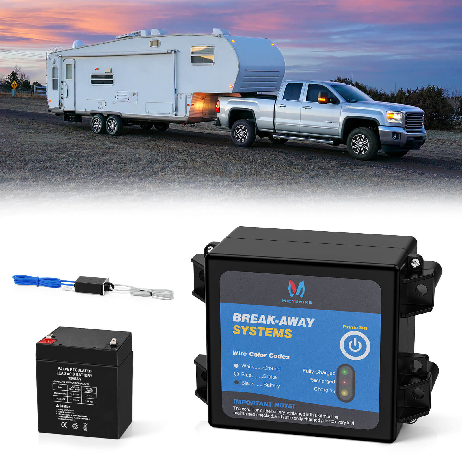 Trailer Brakes Breakaway Kit with Charger, LED Indicator, Switch, 12V 5AH Built-in Battery for Towing Trailer Caravan