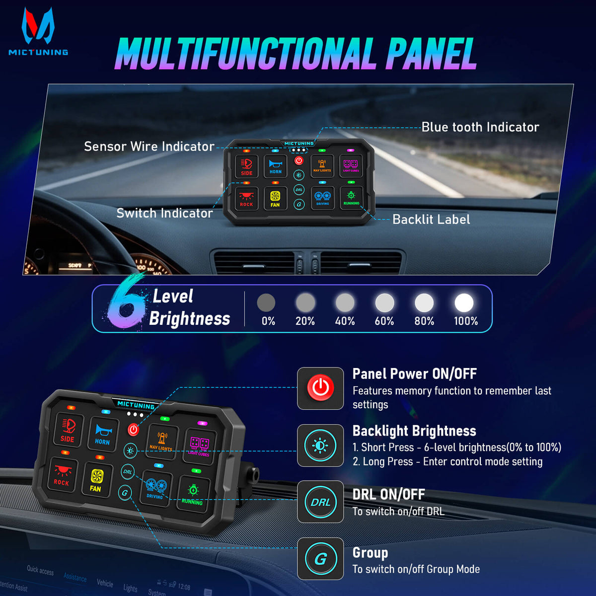 Newest MP Smart Switch Panel 8 Gang, 120A High Current, Trigger & DRL Control, App & Apple CarPlay, Group Control, Low-Voltage Auto Cutoff