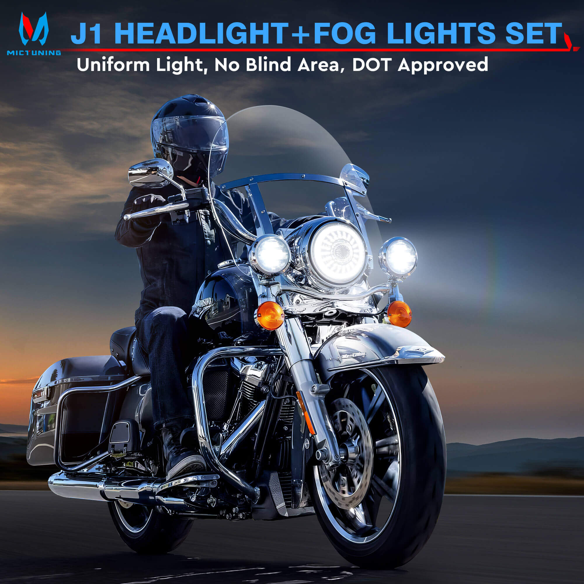 J1 7″ Motorcycle LED Headlight w/ 4.5″ Fog Lights Assembly, Head Lamp Kit, DOT Approved, Compatible with Electra Glide Road King Softail