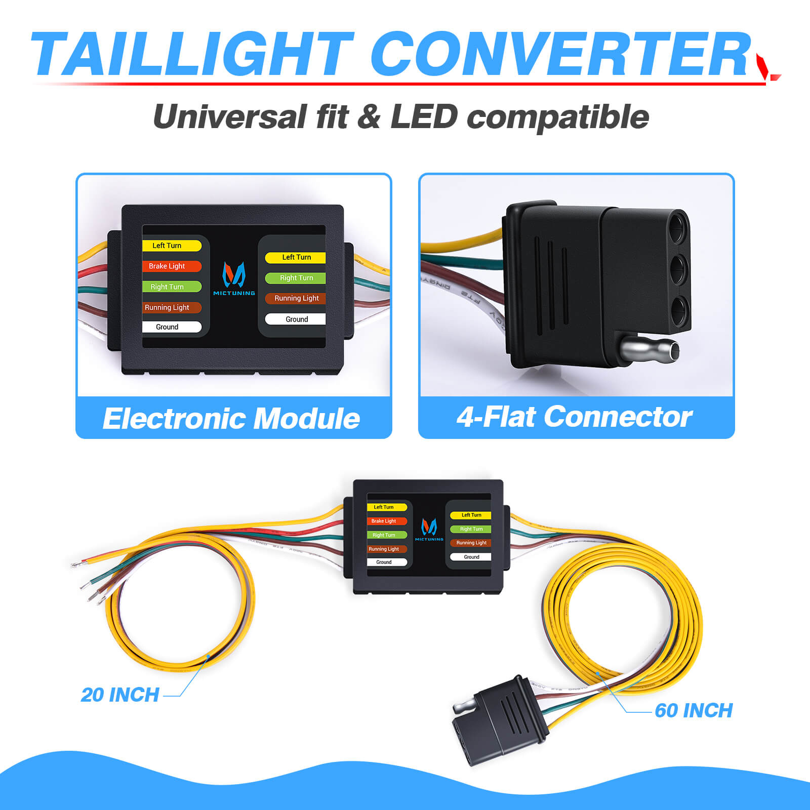 3-to-2-Wire Tail light Converter with 20 Inch Leads and 60 Inch 4-Way Flat Extension Vehicle End Connector, Universal Fit, LED Incandescent Bulbs Compatible