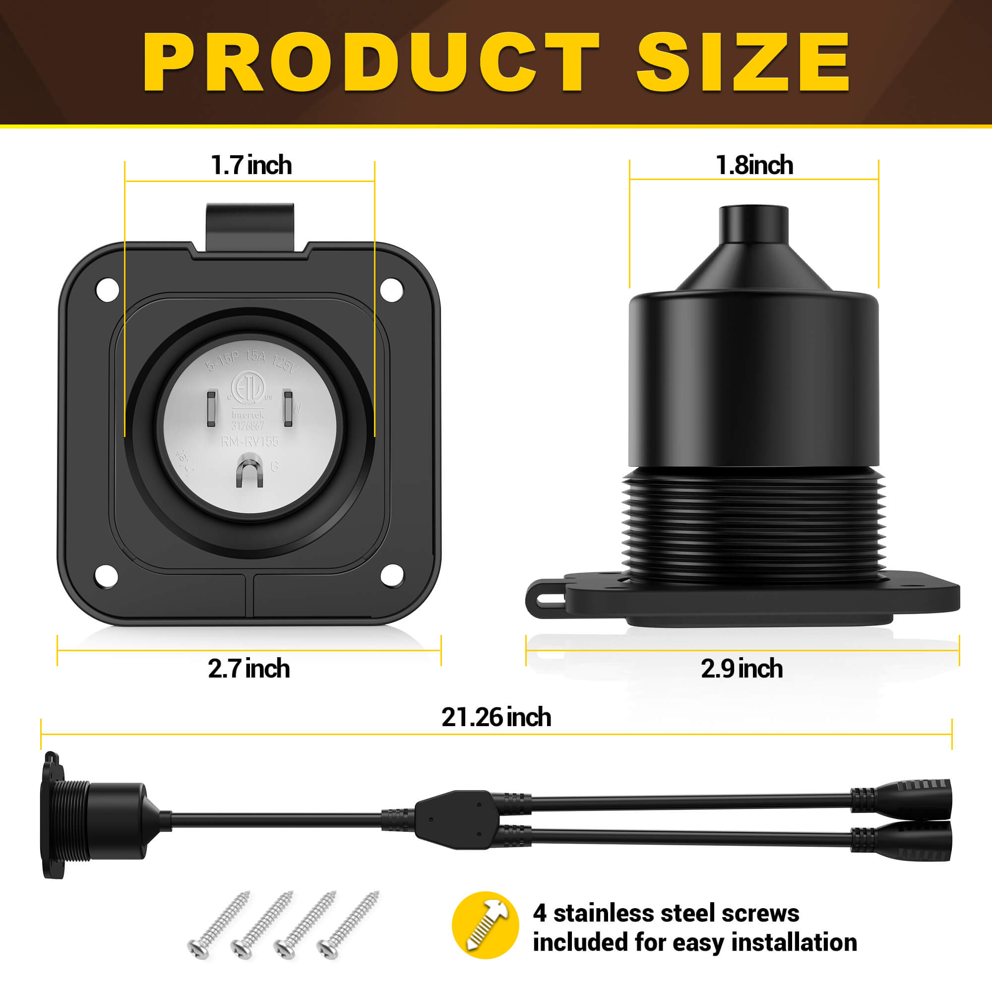 15A NEMA 5-15P Shore Power Inlet with Dual 18" Extension Cords Y Splitter Cable,  ETL Listed, Waterproof Cover AC Electrical Port Plug for RV Boat