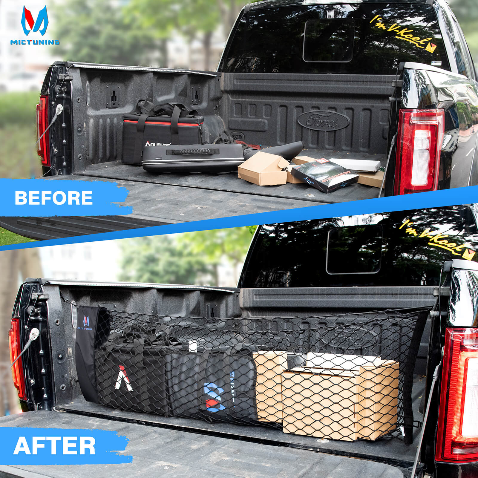 Truck Bed Net Pickup Cargo Net Rear Car Trunk, with Storage Bag & 8 Carabiners Hooks, For Chevy Silverdo Ford F150 GMC(16.9" X 49" to 62")