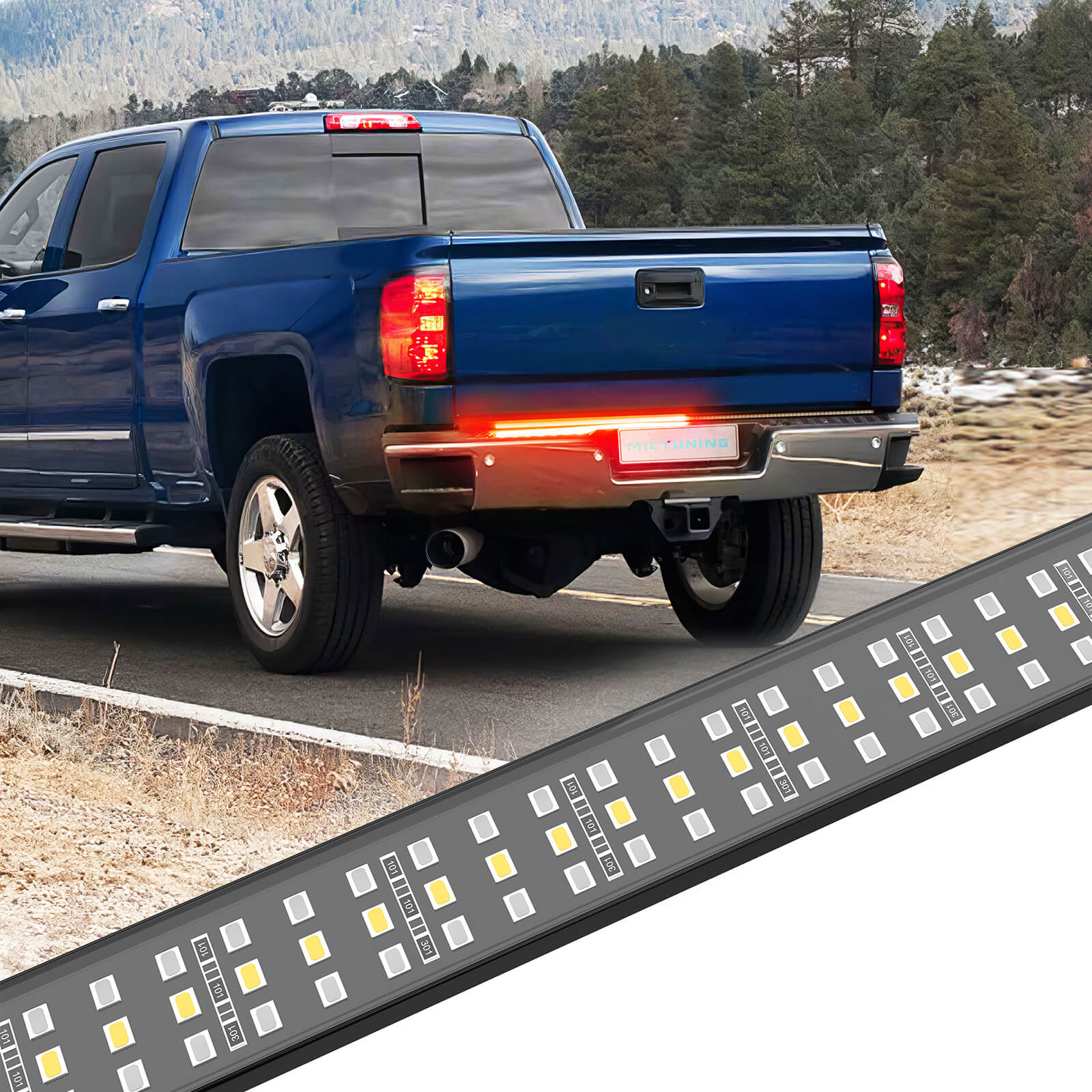 48" Truck Tailgate Light Strip Triple Row 360 LED with Red Running Brake Sequential Turn Signal, Strobe & White Reverse Lighting