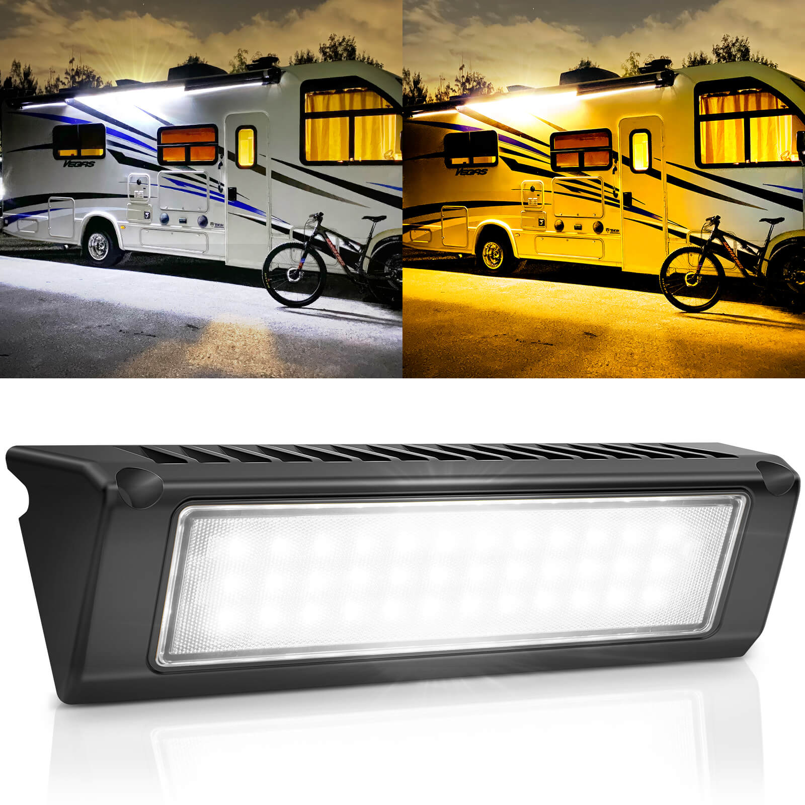 9 Inch 54W RV Porch Lights, LED Yellow 3000K/White 6000K Utility Awning Light, 2100LM, IP67 Waterproof