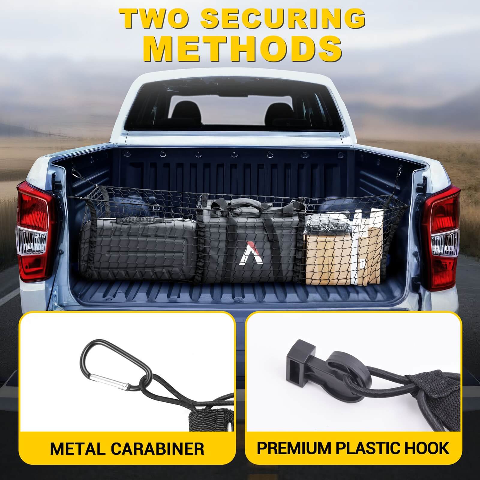 3 Pocket Mesh Cargo Net, Elastic Stretchable Cargo Organizer Storage Net for Car, SUV, Pickup Truck Bed with Metal Carabiners Storage Bag