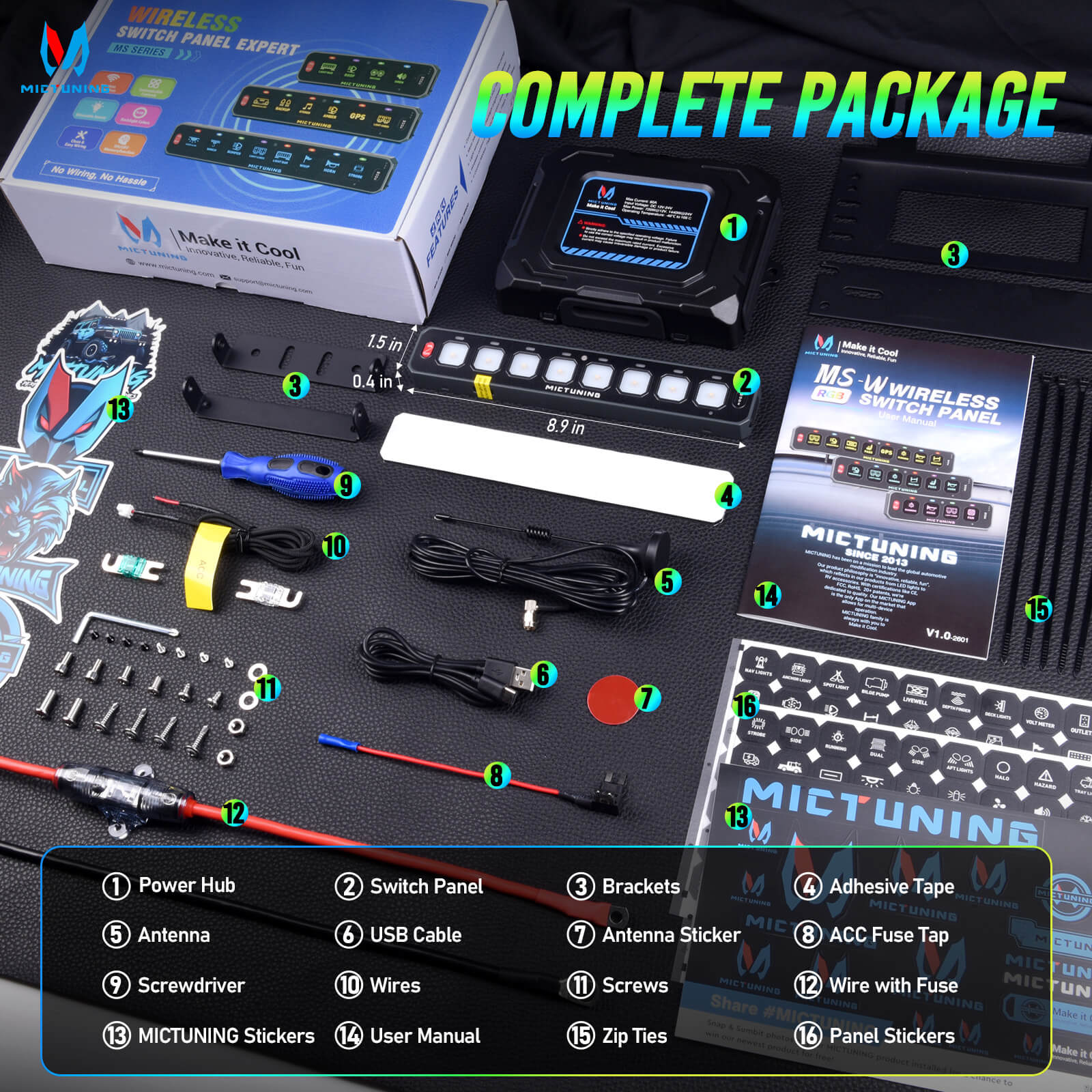 MS-W Slim Wireless Switch Panel, Up to 208FT Range, 6 Gang/8 Gang Toggle Momentary Strobe Pulsed Flash, RGB Dimmable Backlit