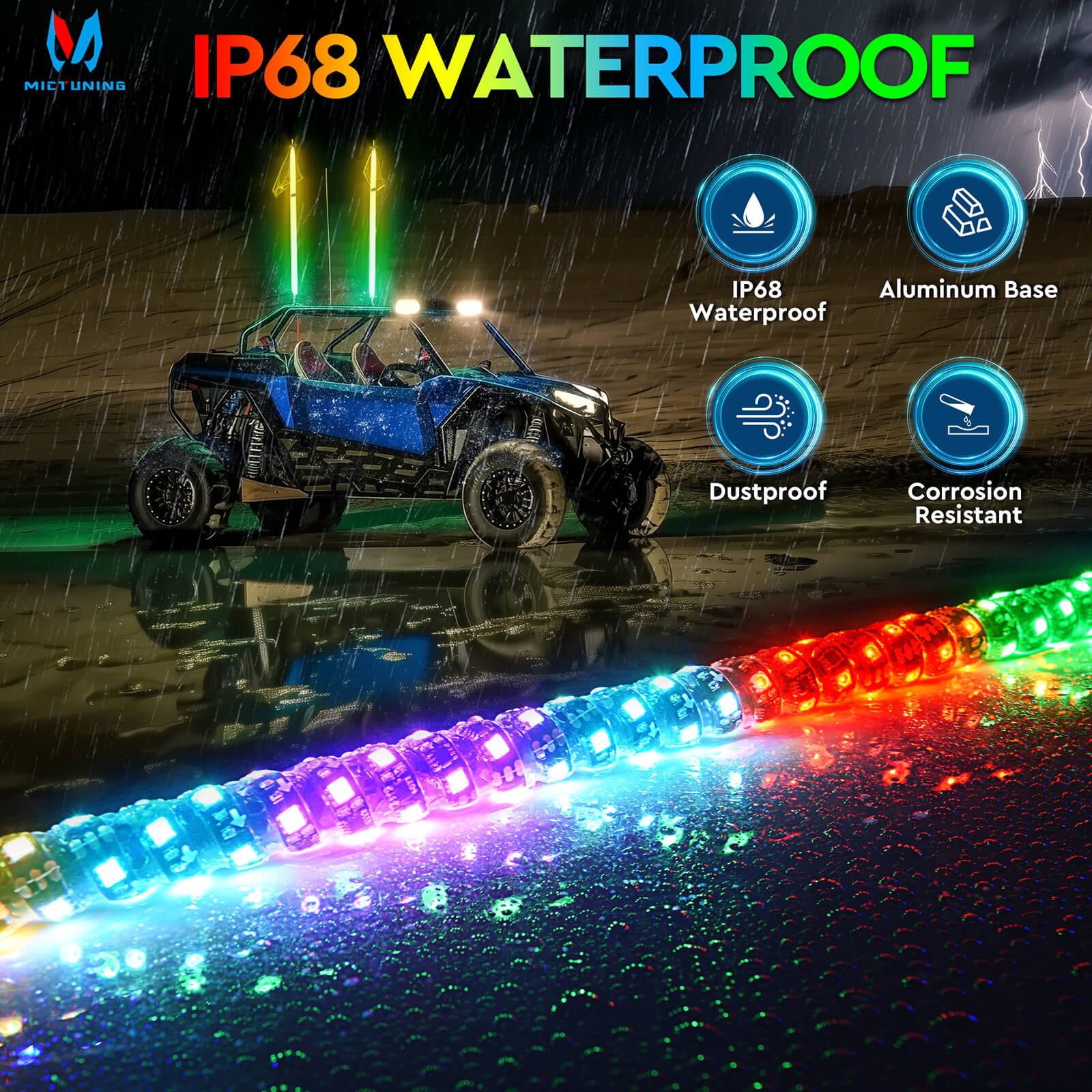 3FT/4FT RGB+IC Chasing Colors LED Whip Light, w/ Remote Control, Rocker Switch & 8 Flags, 1pc/2pcs