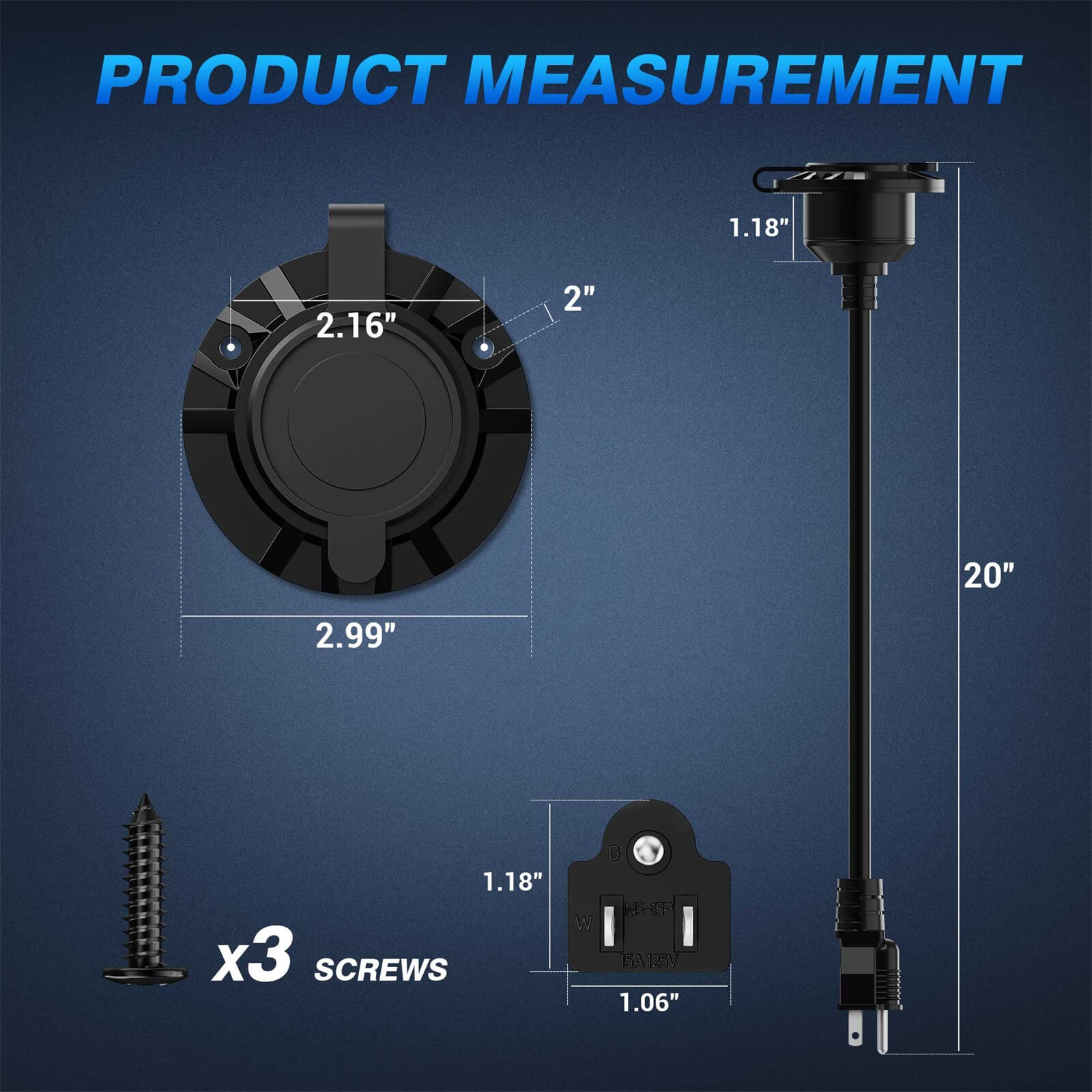 5-in-1 Outdoor Power Outlet, 20A 125V Receptacle Outlet Weatherproof Cap, RV Shore Power Outlet with Integrated 20-Inch Outdoor Extension Cord 12AWG