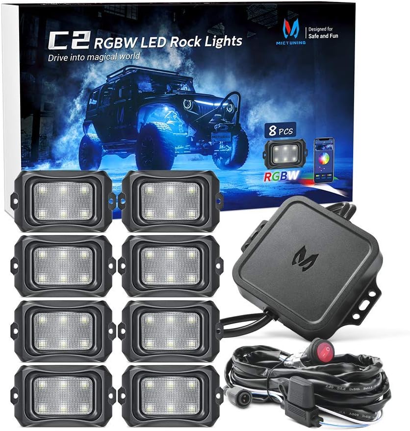 C2 8 Pods Curved RGBW LED Rock Lights Bundle with N1 Interior Car Lights 12V 24V Car LED Strip Light 4pcs RGB Ambient Lighting Kit