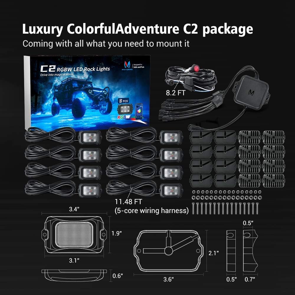 C2 8 Pods Curved RGBW LED Rock Lights Bundle with N1 Interior Car Ligh