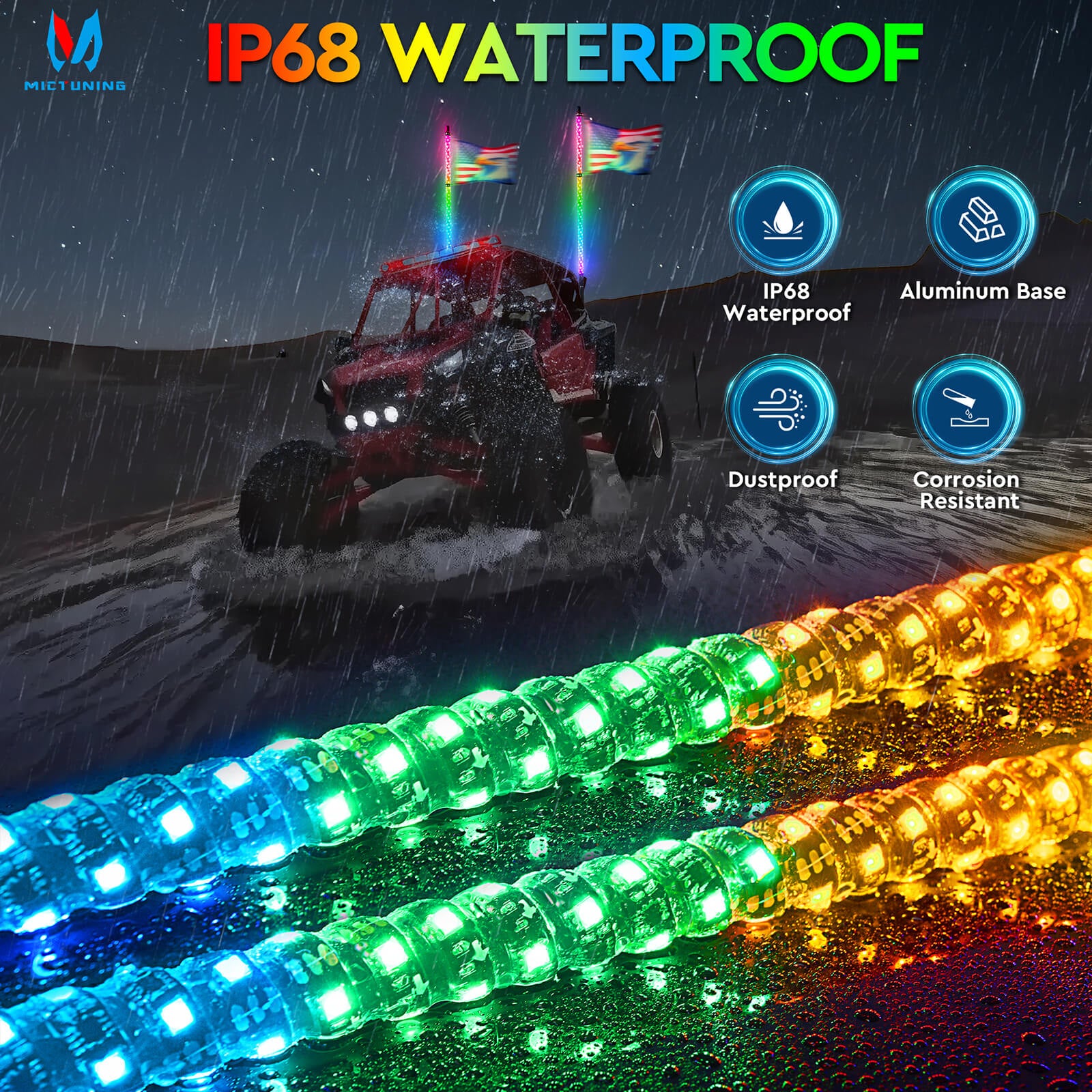 3FT/4FT LED Whip Light RGB+IC Chasing Colors, APP & Remote Control, w/ Rocker Switch & 8 Flags, Brake/Turn Signal/Reverse, 1pc/2pcs