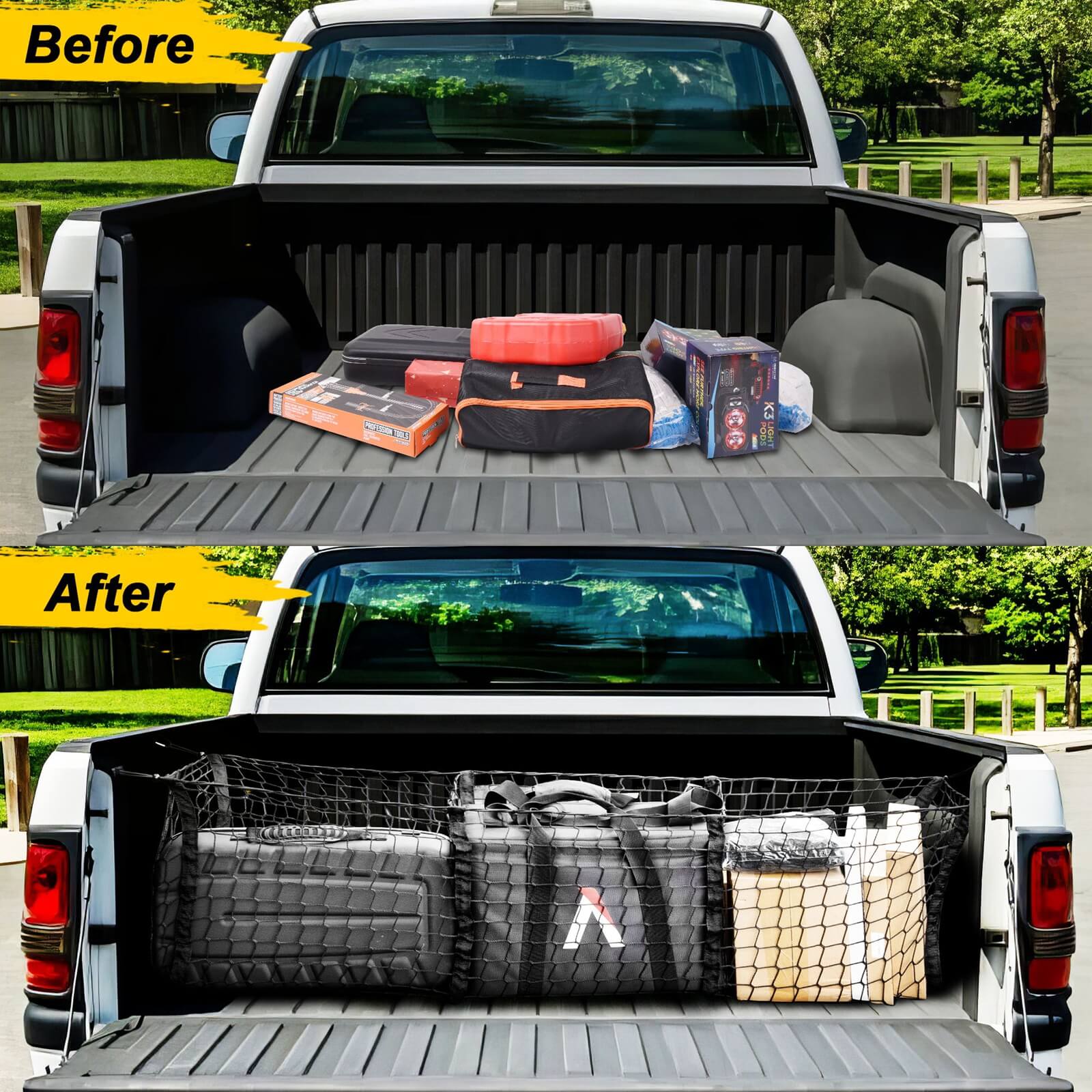 3 Pocket Mesh Cargo Net, Elastic Stretchable Cargo Organizer Storage Net for Car, SUV, Pickup Truck Bed with Metal Carabiners Storage Bag