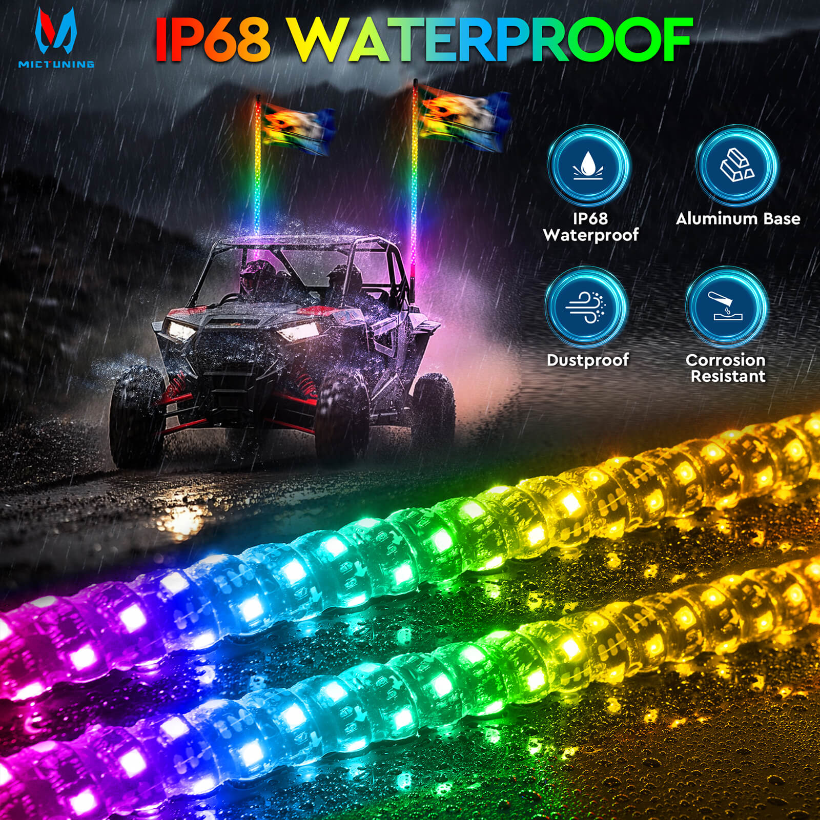 3FT/4FT LED Whip Light RGB+IC Chasing Colors, APP & Remote Control, w/ Rocker Switch & 8 Flags, Brake/Turn Signal/Reverse, 1pc/2pcs