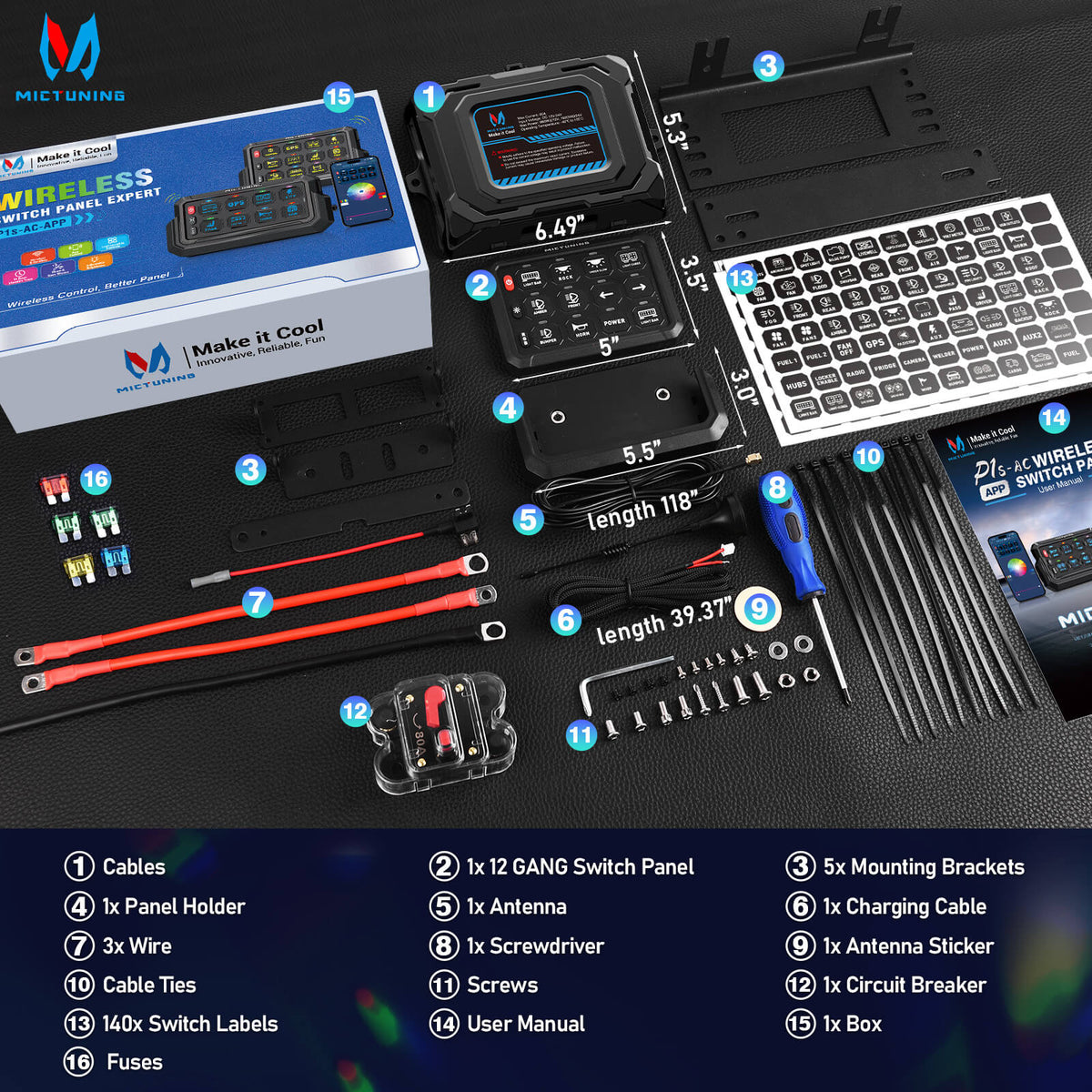 P1s-AC-APP Wireless Switch Panel with App Control, 8/12 Gang Bundle with C2 Curved RGBW LED Rock Lights - 4-16 Pods