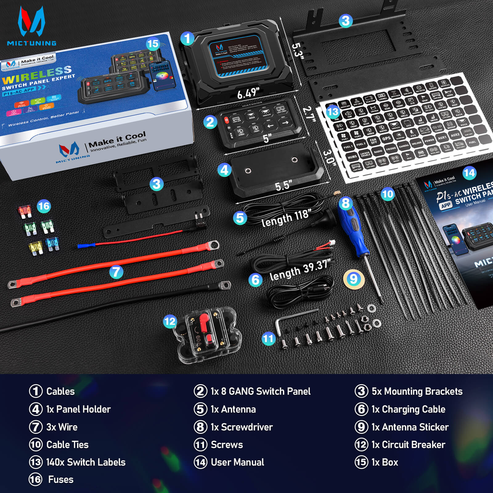 Upgraded P1s-AC-APP Wireless RGB Switch Panel with App Control, 8/12 Gang, 262FT Range, Aluminum Alloy 4 Control Modes