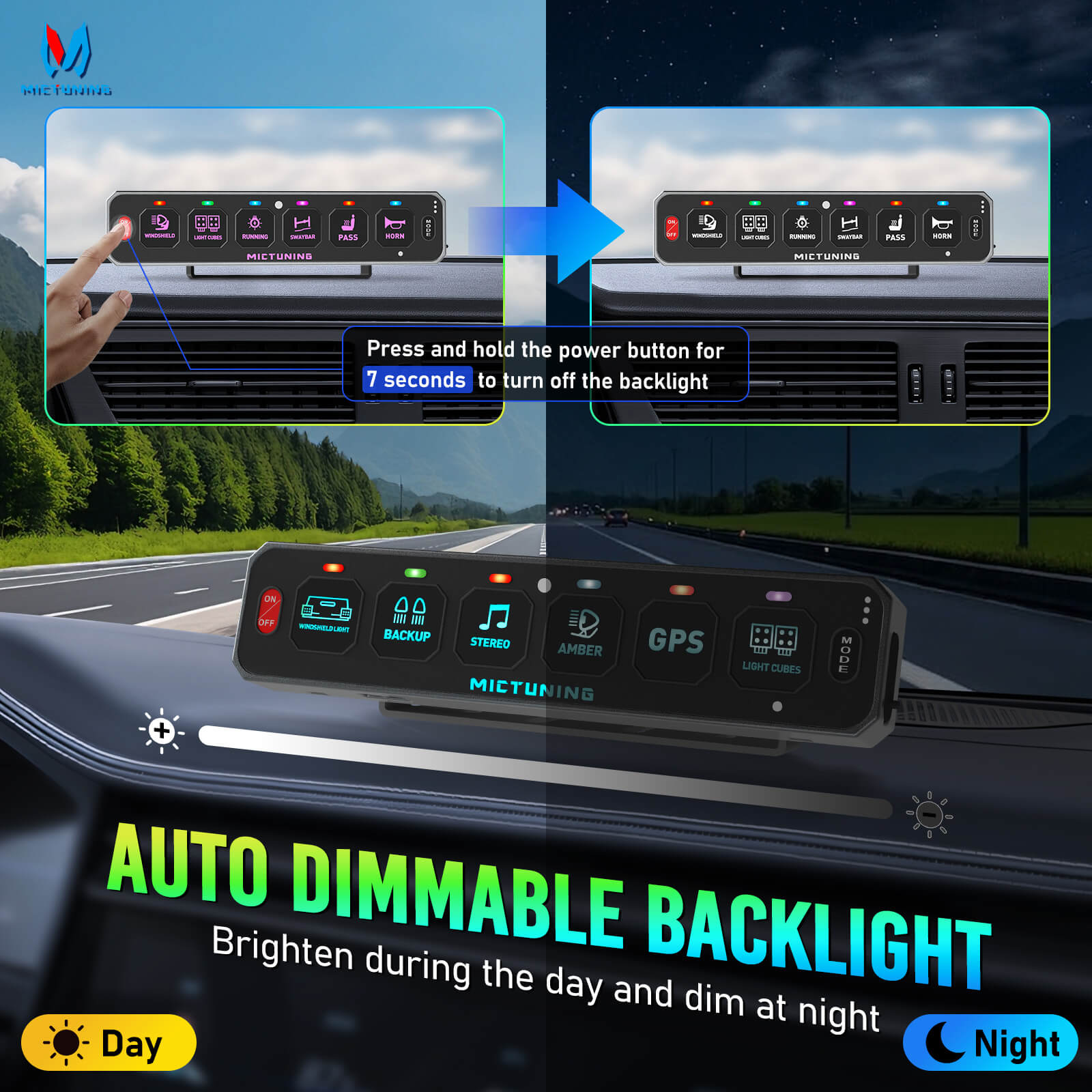 MS-W Slim Wireless Switch Panel, Up to 208FT Range, 6 Gang/8 Gang Toggle Momentary Strobe Pulsed Flash, RGB Dimmable Backlit